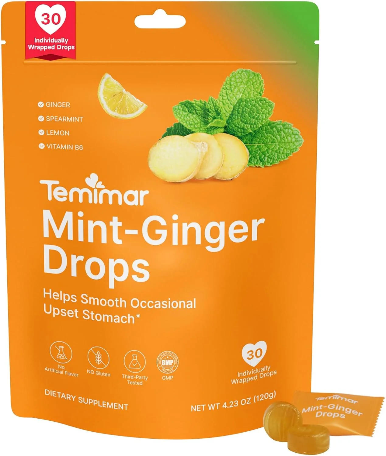 آبنبات زنجبیلی-نعنایی برای تسکین حالت تهوع، آرامش معده ناراحت، بیماری صبحگاهی و مسافرتی، حاوی زنجبیل، لیمو، نعناع و ویتامین B6، 30 عدد آبنبات با بسته‌بندی جداگانه