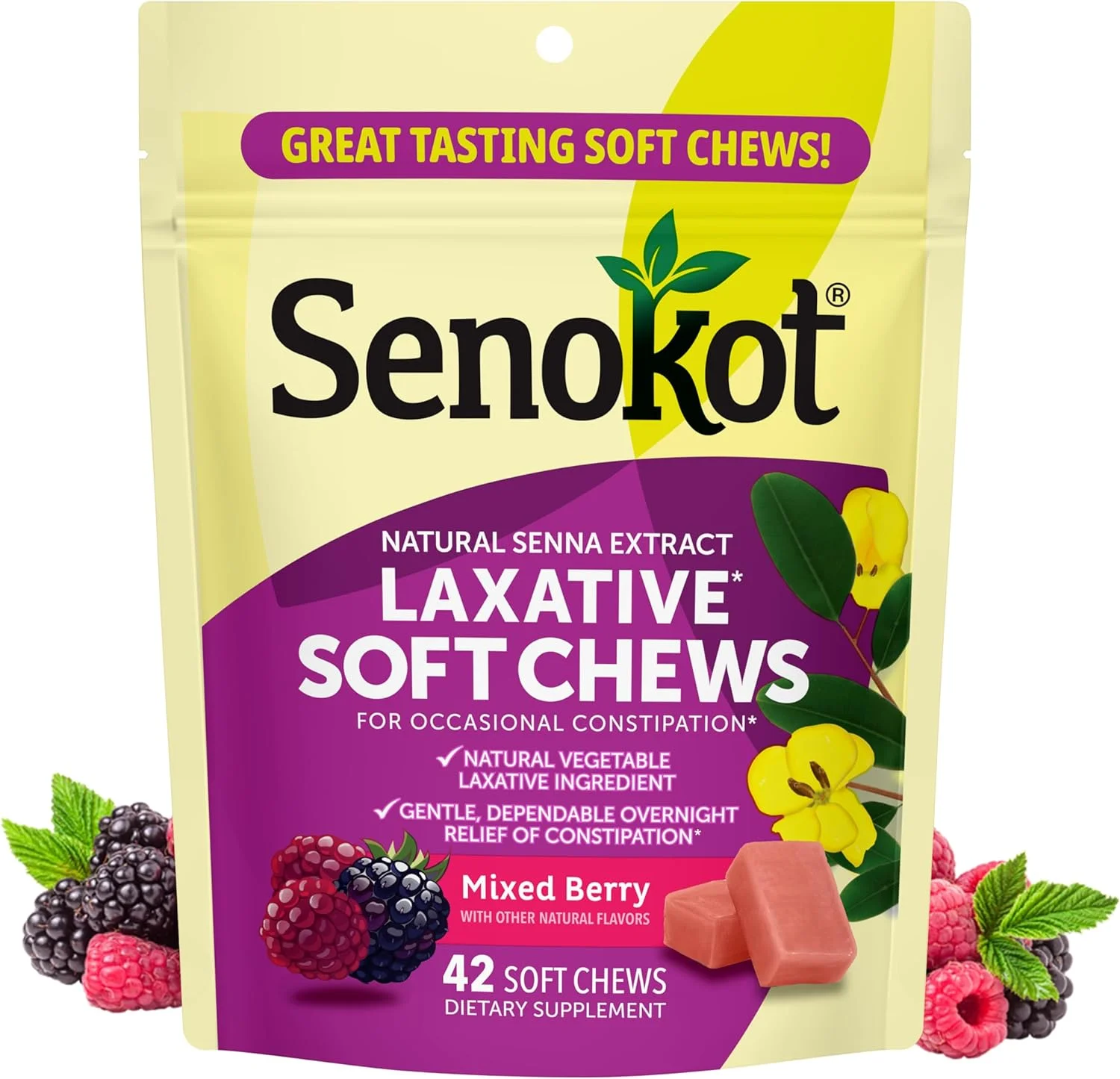 آدامس های نرم ملین Senokot، تسکین یبوست یک شبه با عصاره سنا، 42 عدد با طعم توت مخلوط