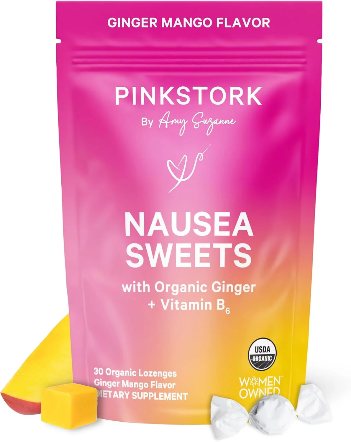 آبنبات های ارگانیک ضد تهوع Pink Stork - آبنبات انبه با ویتامین B6 برای تهوع صبحگاهی و بیماری مسافرت، حاوی زنجبیل و ویتامین B6، ملزومات سه ماهه اول بارداری - 30 عدد آبنبات ارگانیک