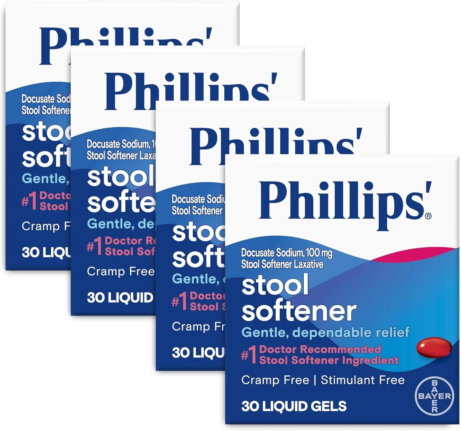 ژل مایع نرم کننده مدفوع فیلیپس، تسکین ملایم و قابل اعتماد با سدیم دوکوسات، بدون گرفتگی عضلات و مواد محرک، فرمت بلع آسان، 120 عدد (30 عدد در 4 بسته)