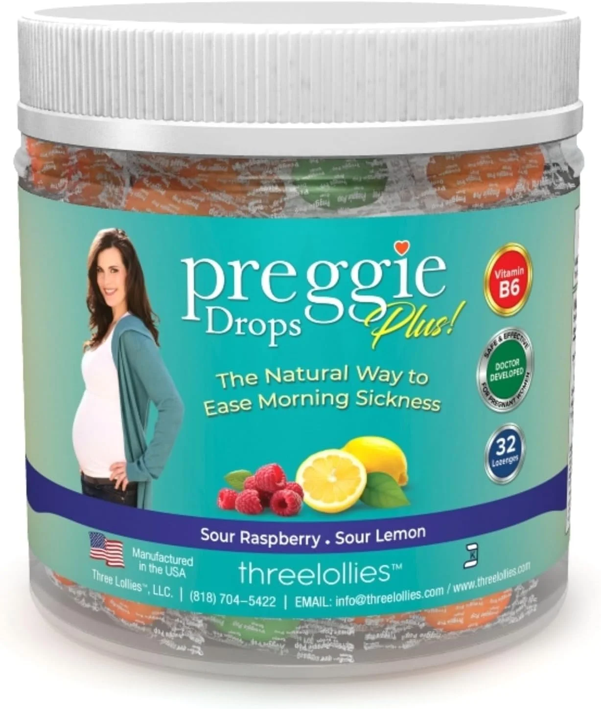 آبنبات های ضد تهوع بارداری با ویتامین ب6 برای کاهش تهوع بارداری، بیماری صبحگاهی، آبنبات با روغن های ضروری برای زنان باردار - تمشک و لیمو، بسته 32 عددی