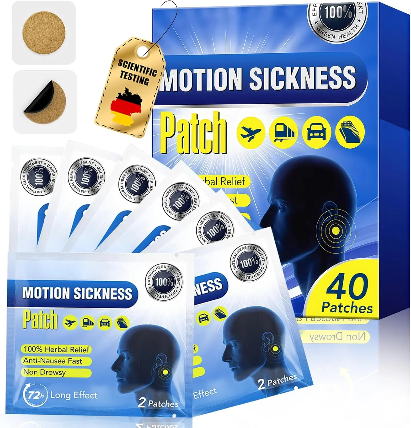 بسته ۴۰ عددی برچسب ضد تهوع سفر، چسب های نامحسوس برای ماشین، قایق و هواپیما، استفاده آسان پشت گوش، مناسب برای مسافرت، عملکرد سریع و بدون عوارض جانبی