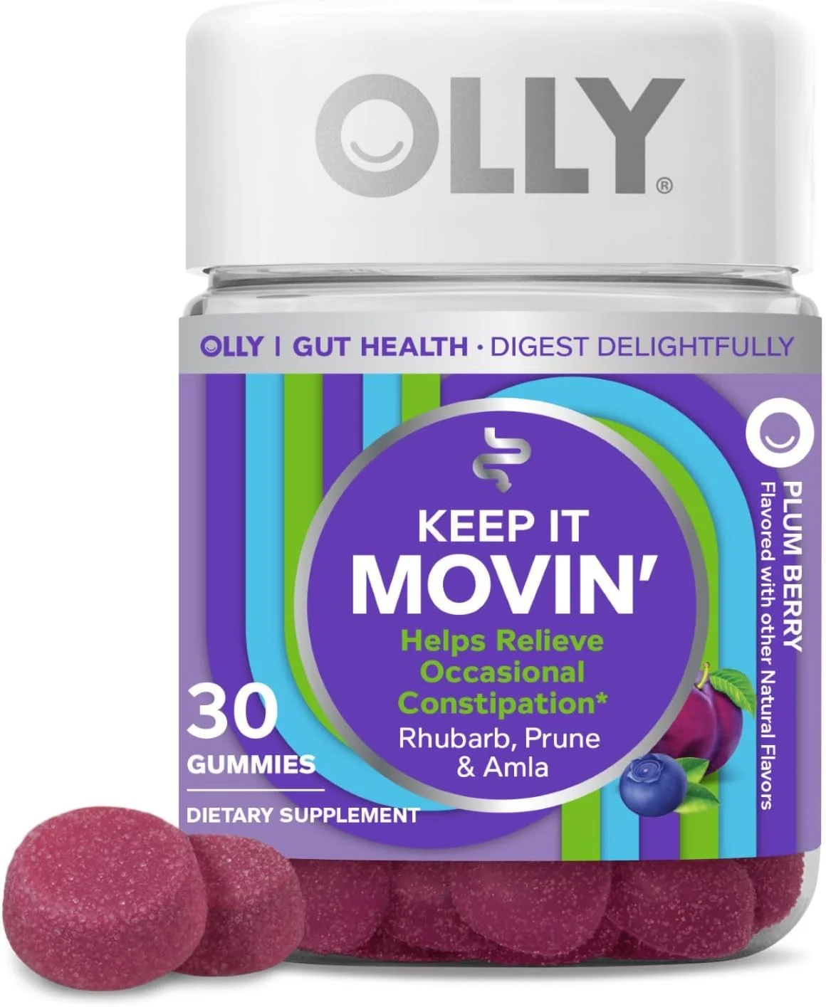 پاستیل OLLY Keep it Moving برای رفع یبوست، ریواس، آلو، آمله - طعم آلو و توت - 30 عدد