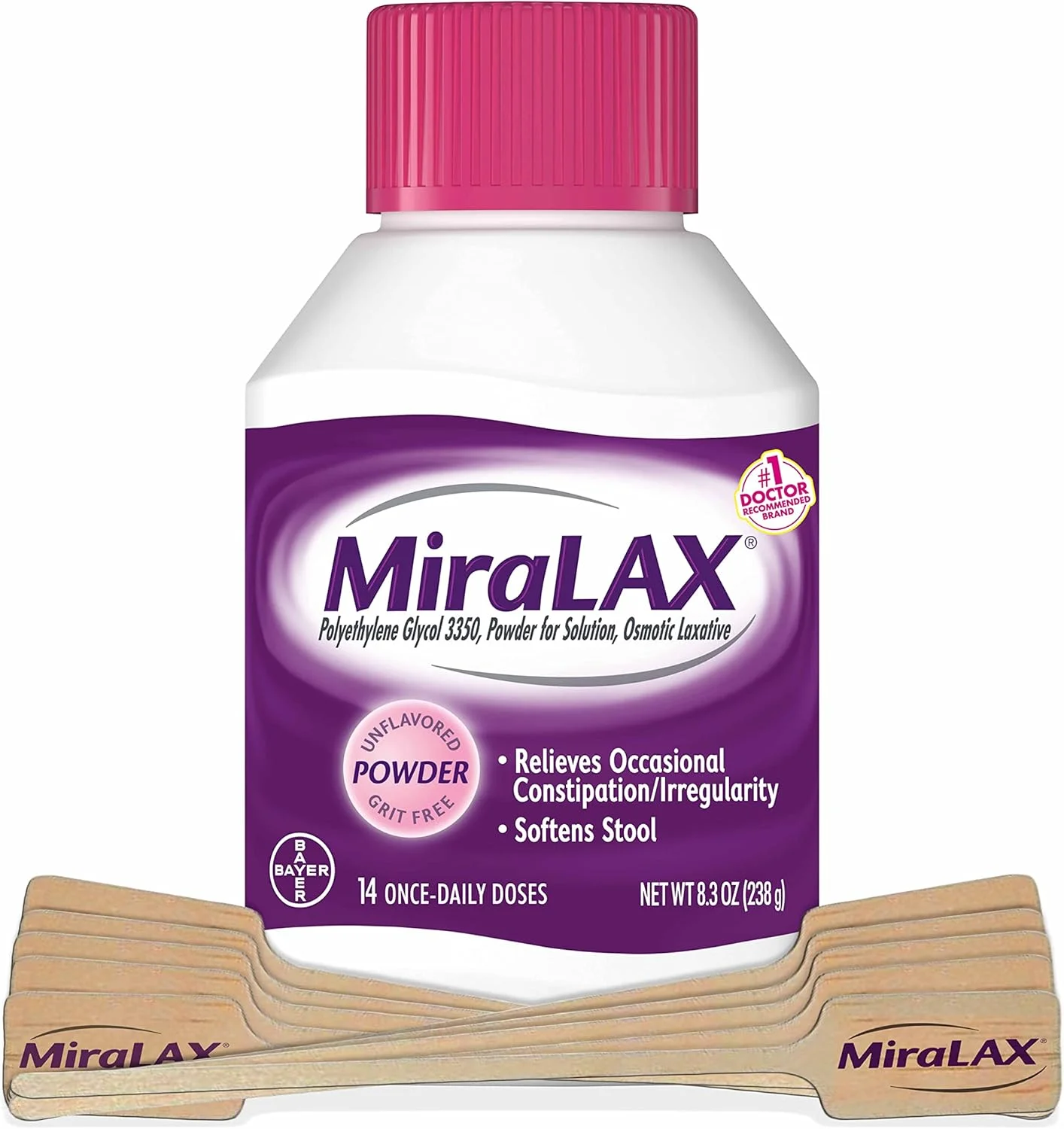 پودر ملین برای رفع یبوست ملایم MiraLAX به همراه همزن، نرم کننده مدفوع حاوی PEG 3350، بدون عوارض جانبی نامطلوب، ملین اسمزی، توصیه شده توسط پزشکان، 14 دوز