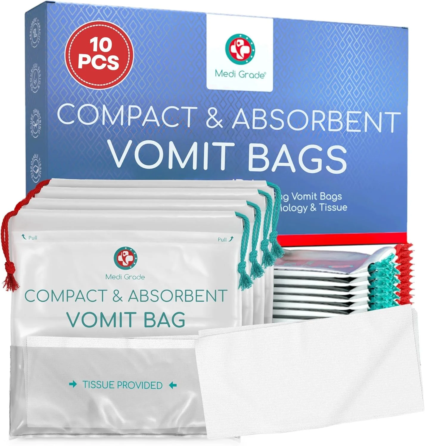 کیسه استفراغ جاذب مدی گرید یکبار مصرف برای بزرگسالان و کودکان، 10 عدد - لوازم ضروری مسافرتی کیسه های ضد نشت با بافت که استفراغ را به ژل تبدیل می کند و از بو جلوگیری می کند - اندازه مسافرتی ضروری کیف دستی