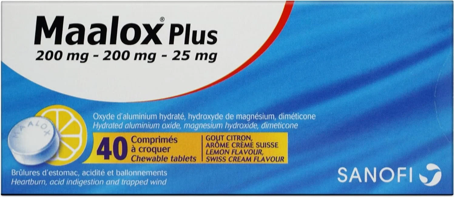 قرص جویدنی معده Maalox Plus 200mg+ برای سوزش سر دل و سوء هاضمه، 40 عدد