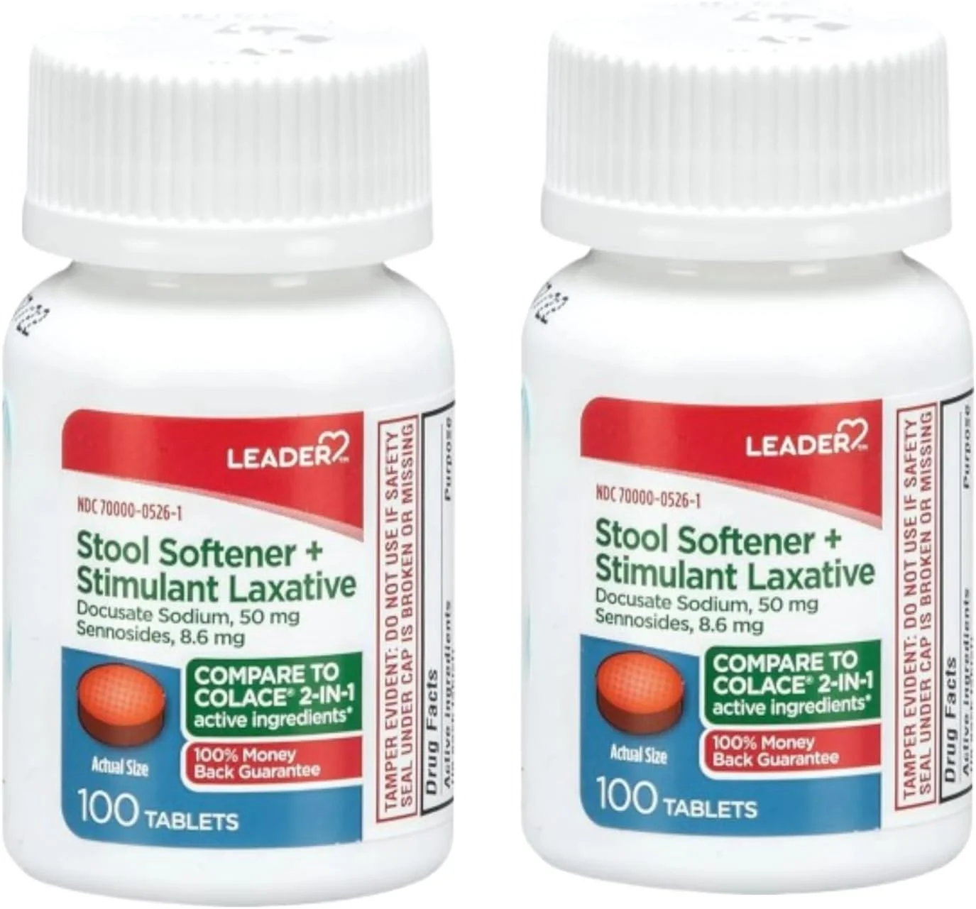 ملین و نرم کننده مدفوع 2 در 1 لیدر، سدیم دوکوسات 50 میلی گرم، سنوزیدها 8.6 میلی گرم، تسکین ملایم یبوست گاه به گاه برای بزرگسالان، مردان، زنان و کودکان