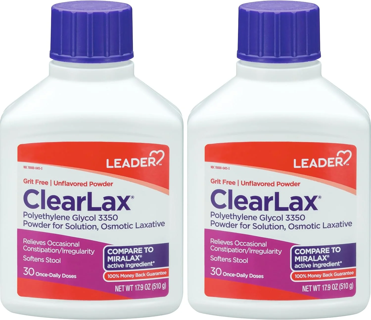 پودر ملین Leader ClearLax برای رفع ملایم یبوست، بدون دانه، پلی اتیلن گلیکول، ملین اسمزی، بدون محرک، نرم کننده مدفوع، 30 روزه، 510 گرم، 30 دوز (بسته 2 عددی)