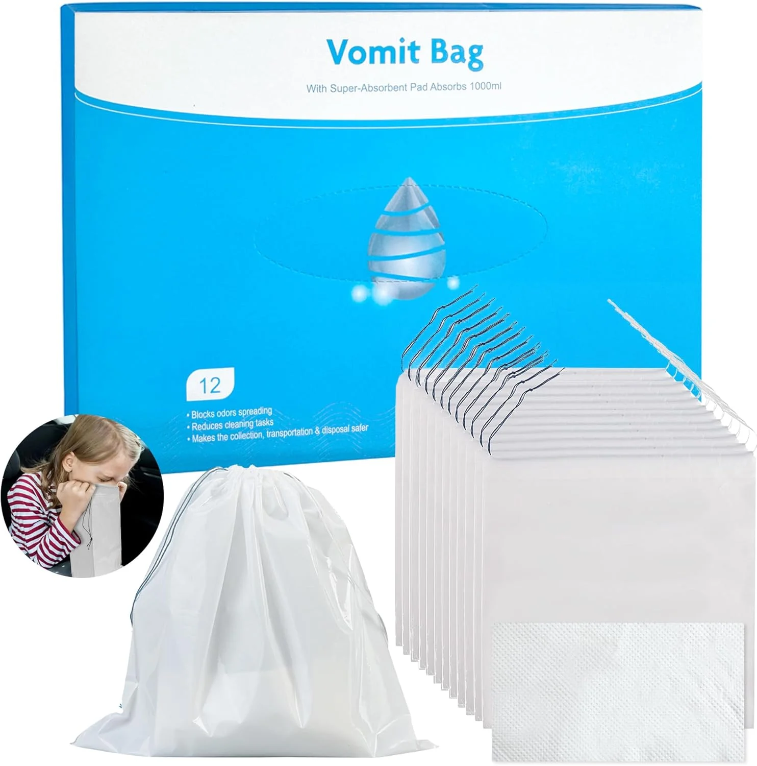 بسته 12 عددی کیسه استفراغ برای ماشین، کودکان، کیسه استفراغ 1000 میلی لیتری با حلقه، کیسه ضد پارگی با حلقه برای حالت تهوع در سفر، کودکان و بزرگسالان