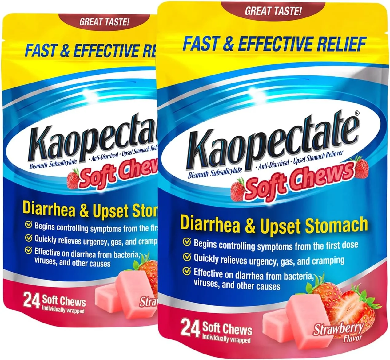 قرص های جویدنی نرم Kaopectate، بیسموت ساب سالیسیلات، ضد اسهال و تسکین دهنده ناراحتی معده - 24 عدد (بسته 2 عددی)