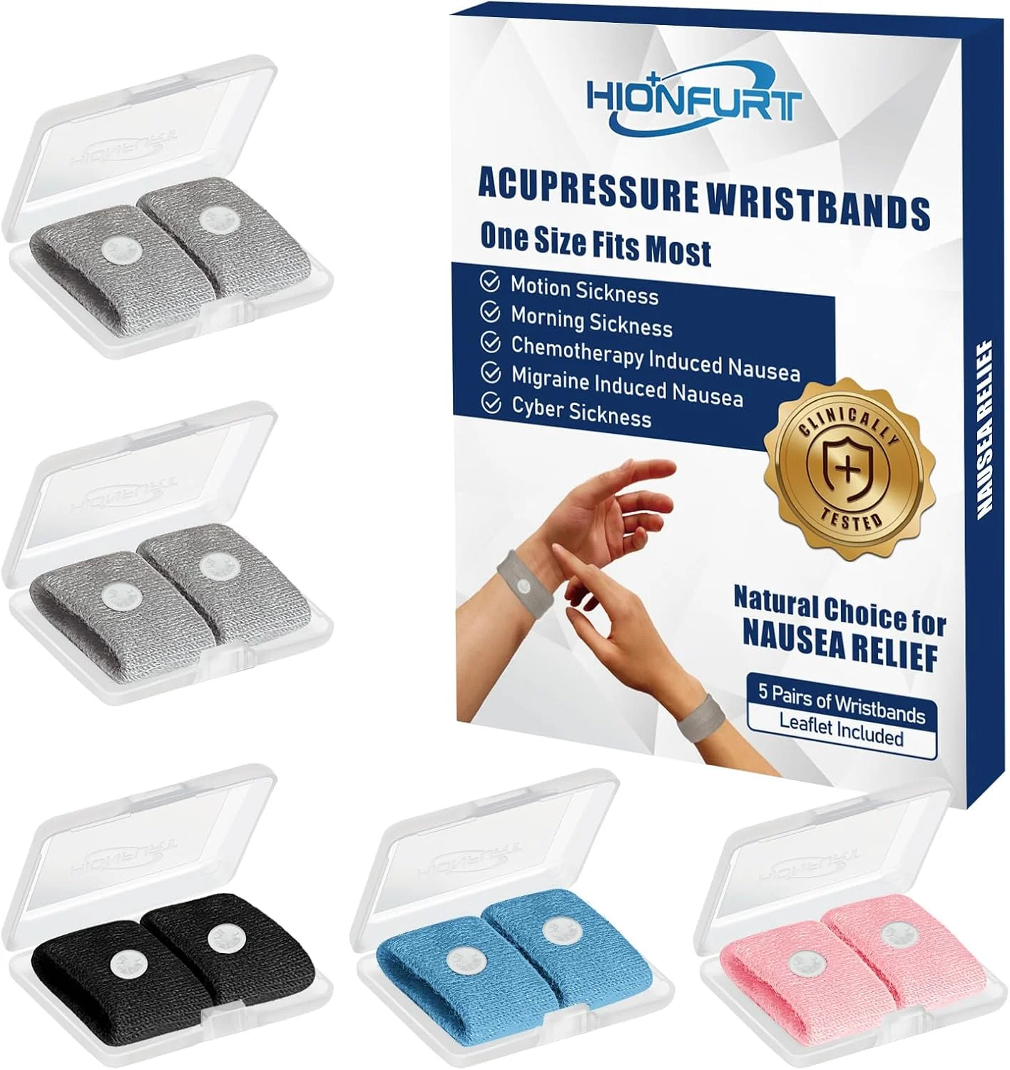 مچ بند ضد تهوع و بیماری مسافرتی برای بزرگسالان و کودکان، مناسب برای ماشین، دریا، تهوع و دوران بارداری - 5 جفت خاکستری، مشکی، آبی، صورتی