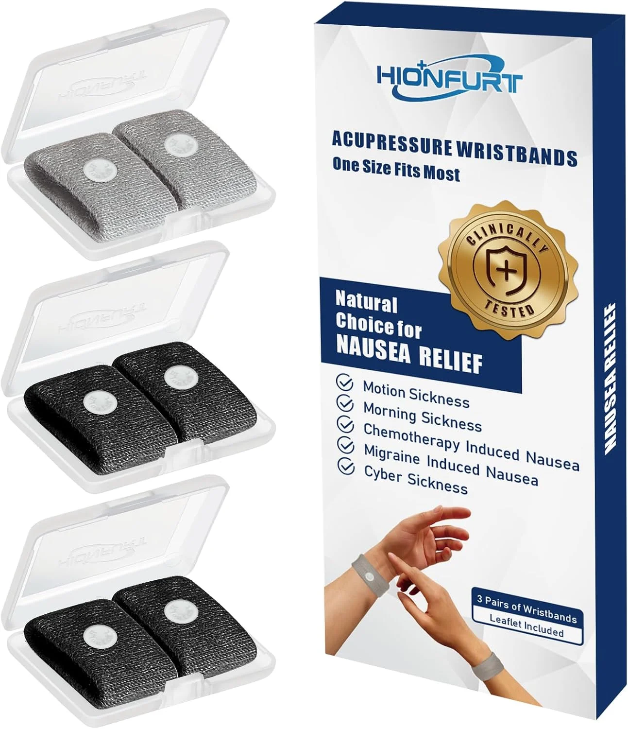 مچ بند ضد تهوع و بیماری حرکتی برای بزرگسالان و کودکان، تسکین تهوع صبحگاهی برای زنان باردار، تسکین تهوع با طب فشاری برای ماشین، دریا و هوا - 3 جفت خاکستری، مشکی، مشکی
