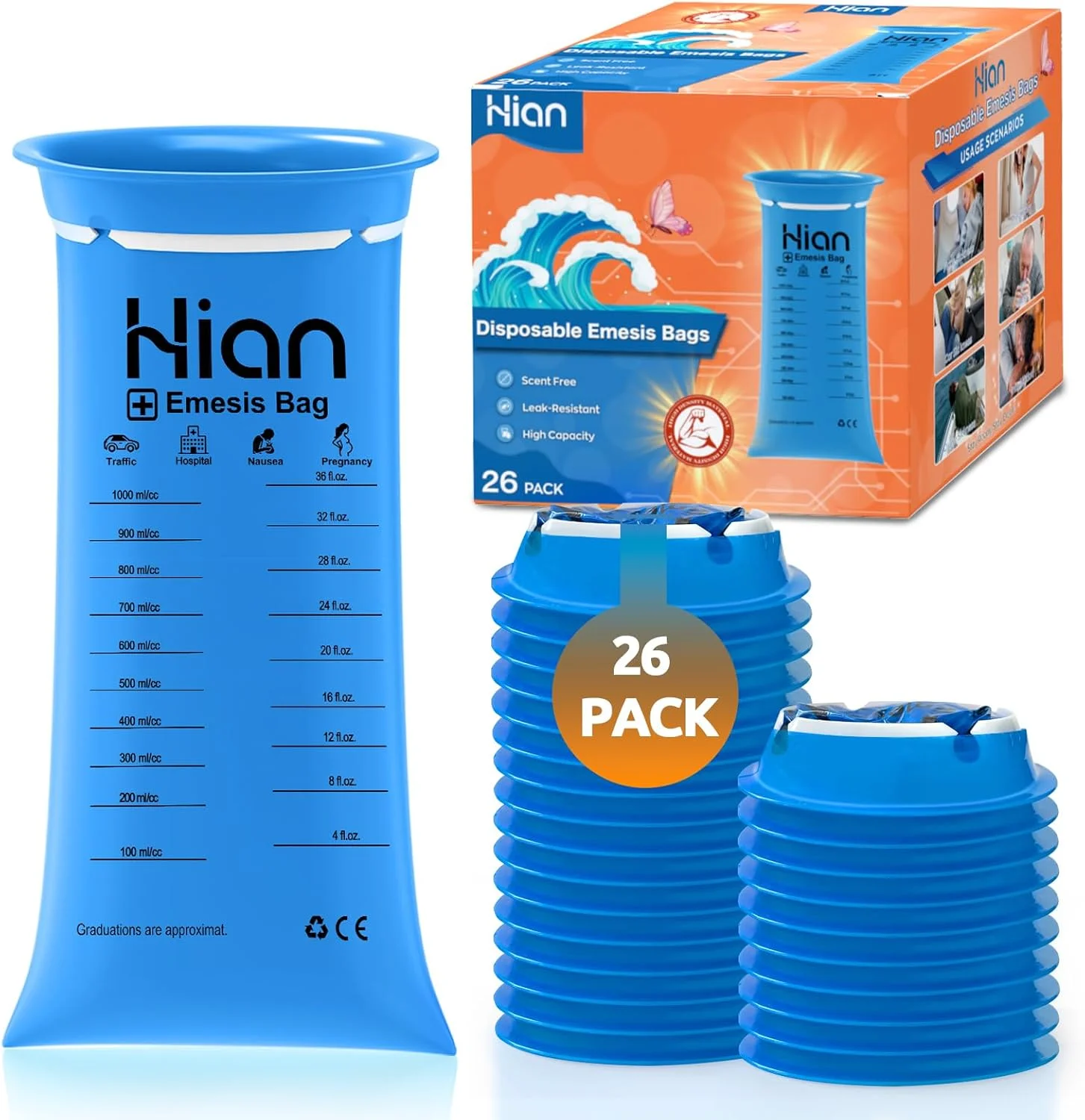 کیسه های تهوع یکبار مصرف Hion - بسته 26 عددی 1000 میلی لیتری - مقاوم در برابر نشت، درجه پزشکی، قابل حمل - ایده آل برای حرکت، ماشین و هواپیما، خانم های باردار