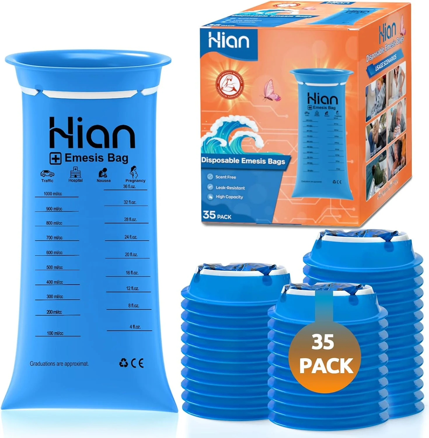 کیسه های استفراغ یکبار مصرف Hion - بسته 35 عددی 1000 میلی لیتری - مقاوم در برابر نشت، درجه پزشکی، قابل حمل - ایده آل برای حالت تهوع ناشی از حرکت، ماشین و هواپیما، زنان باردار