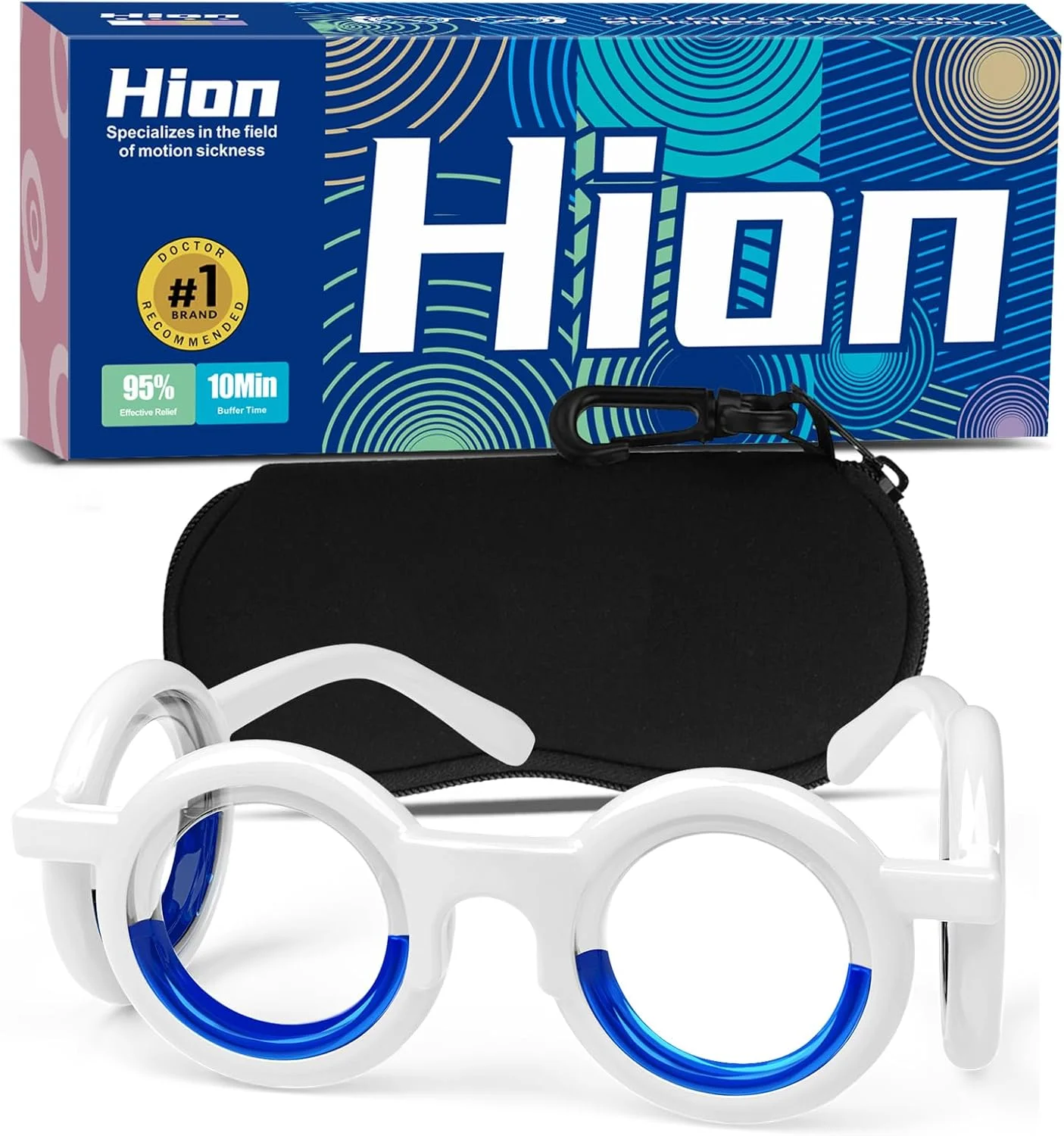 عینک ضد تهوع ناشی از حرکت Hion، تسکین دهنده ماشین گرفتگی، هوا گرفتگی و دریازدگی، عینک فوق سبک قابل حمل برای حالت تهوع و سرگیجه، بدون لنز، مناسب بزرگسالان و کودکان (جعبه مشکی تیره)
