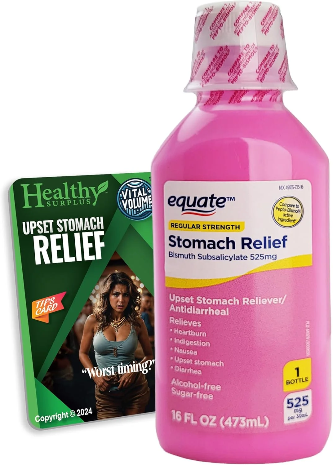 مایع تسکین دهنده معده اکوئیت، 473 میلی لیتر، بیسموت ساب سالیسیلات 525 میلی گرم به همراه کارت راهنمای نکات مربوط به ناراحتی معده