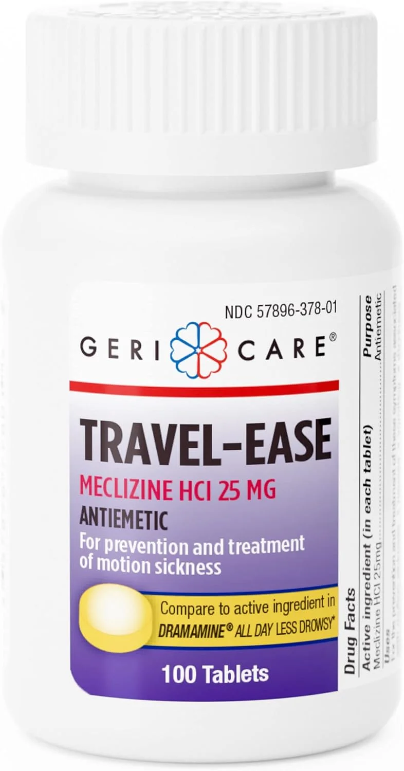 قرص های ضد تهوع و ضد استفراغ مکلیزین هیدروکلراید 25 میلی گرمی GeriCare، برای پیشگیری و درمان بیماری مسافرت، تسکین حالت تهوع، 100 عدد (بسته 1 عددی)