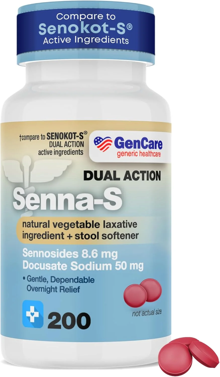 GenCare - سنا-اس ملین گیاهی طبیعی به همراه نرم کننده مدفوع، عملکرد دوگانه (200 قرص) بسته اقتصادی | تسکین ملایم و قابل اعتماد یبوست گاه به گاه در طول شب، ژنریک برای Senokot-S