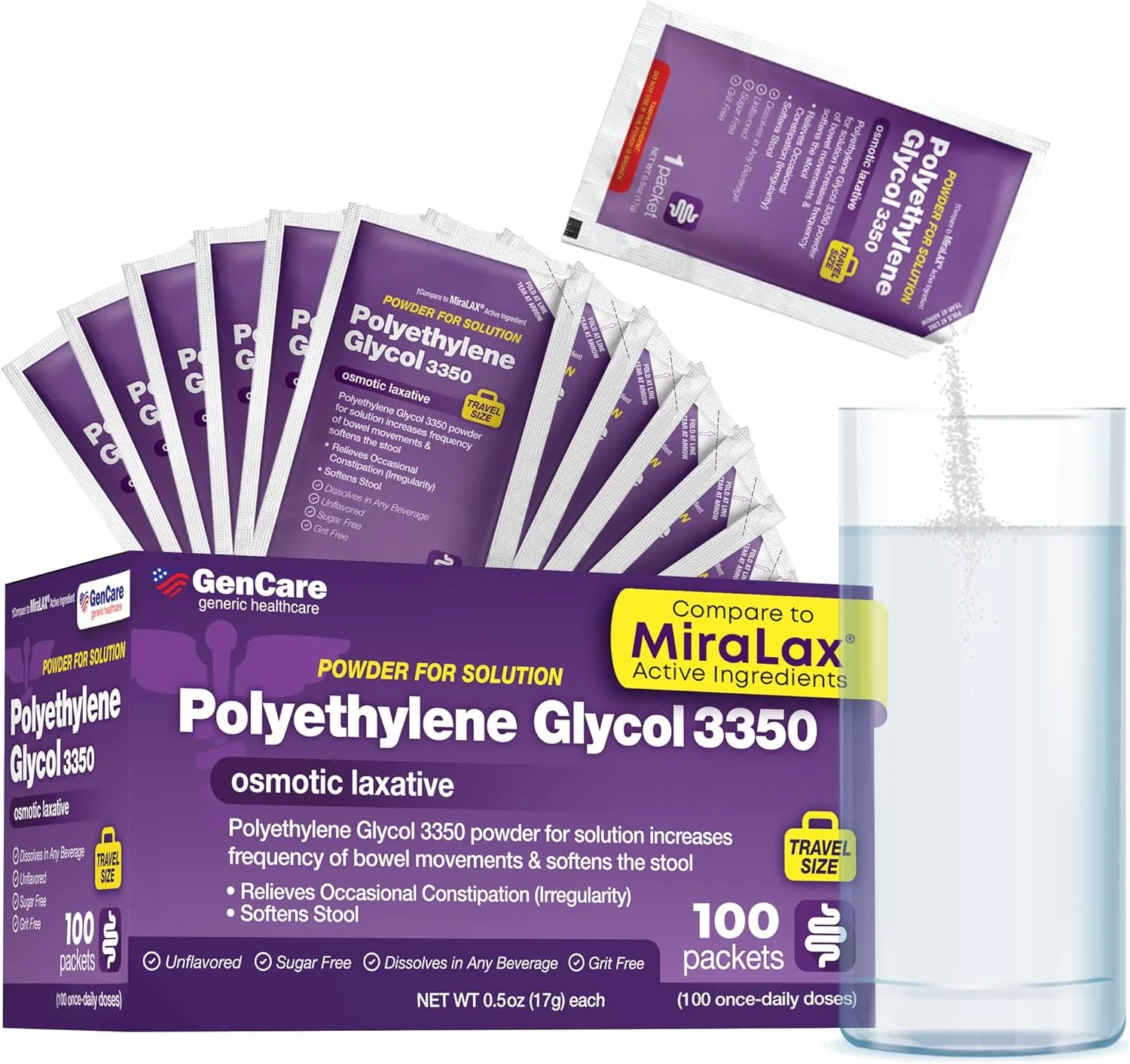 پودر محلول پلی اتیلن گلیکول 3350 GenCare – بسته های مسافرتی 100 عددی – پلی اتیلن گلیکول 3350 شفاف و بدون طعم برای رفع یبوست گاه به گاه در زنان و مردان – پودر ملین عمومی