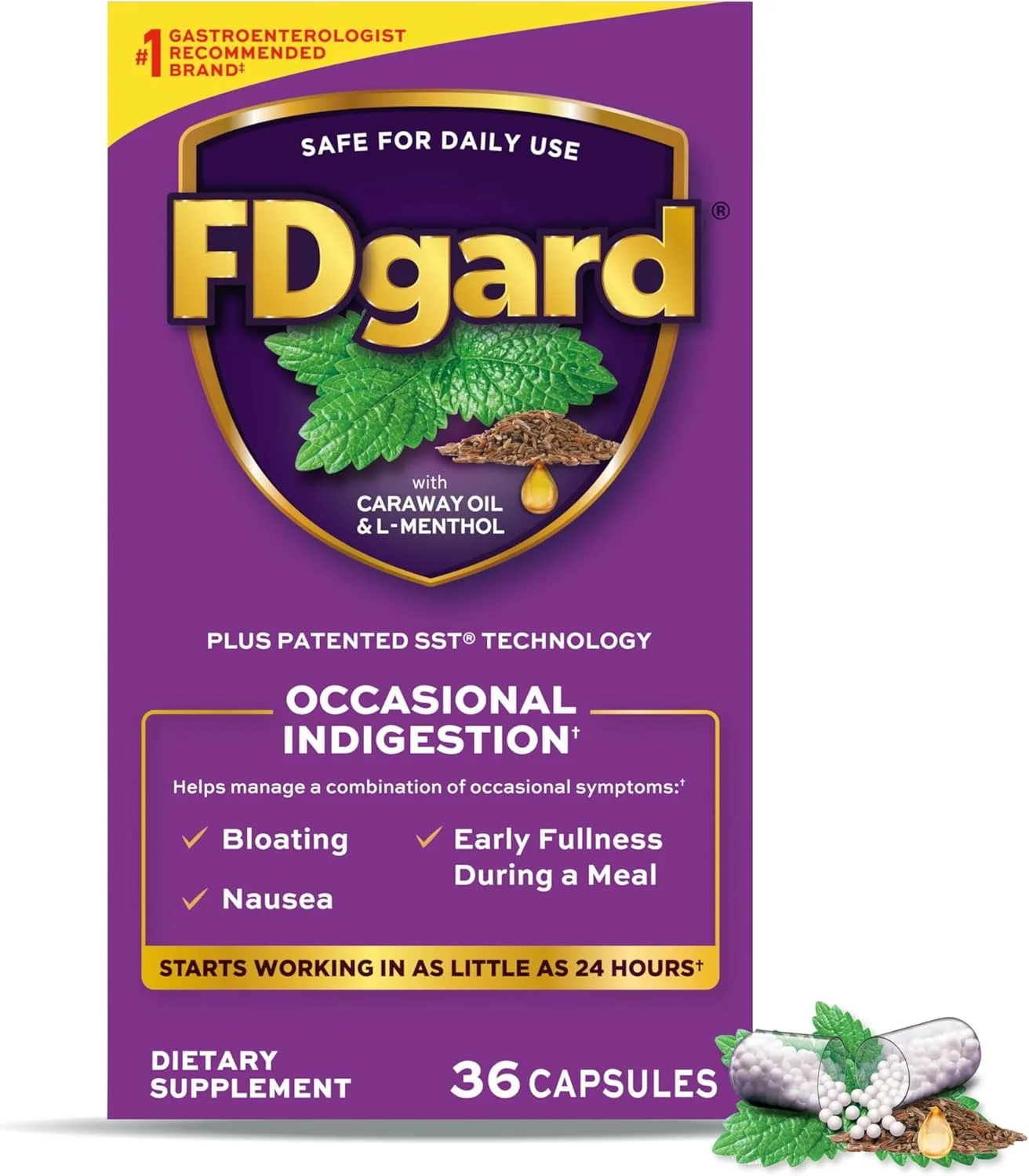 FDgard® برای مدیریت رژیمی سوء هاضمه ناشی از غذا (FD: سوء هاضمه عملکردی) علائم† شامل ناراحتی شکمی، مشکل در اتمام غذا، نفخ†*، حالت تهوع، 36 کپسول