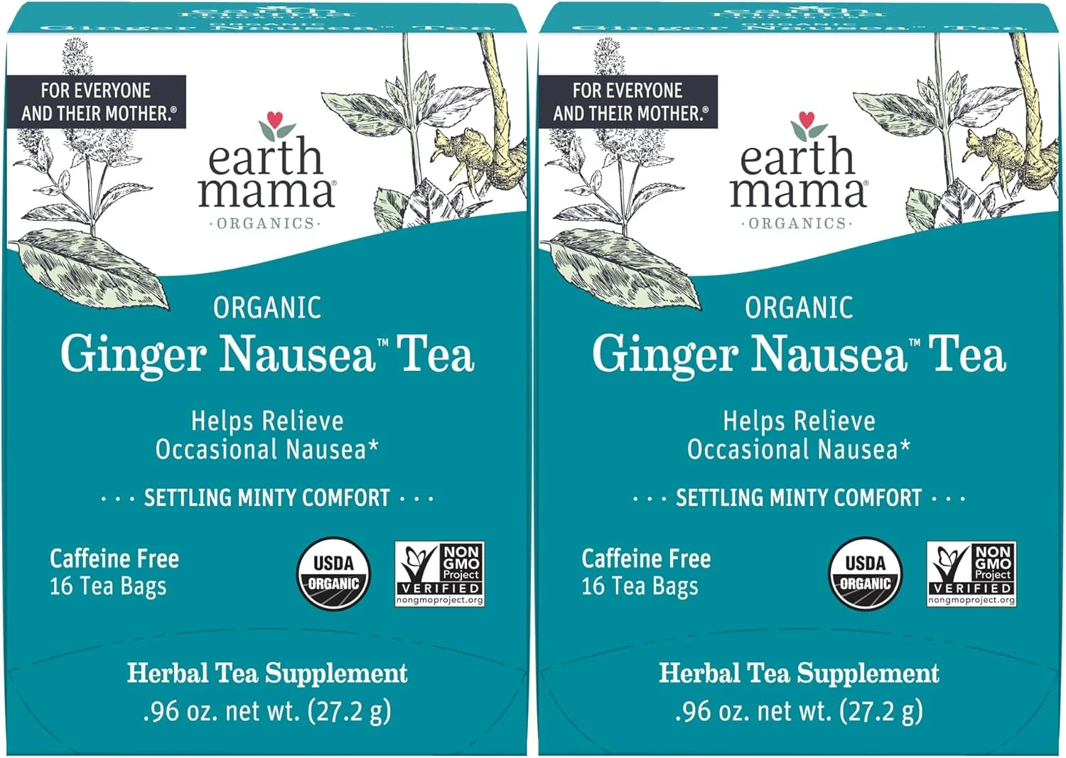 دمنوش زنجبیل ارگانیک Earth Mama برای حالت تهوع | تسکین دهنده حالت تهوع و بیماری صبحگاهی، 16 تی بگ در هر جعبه (2 بسته)