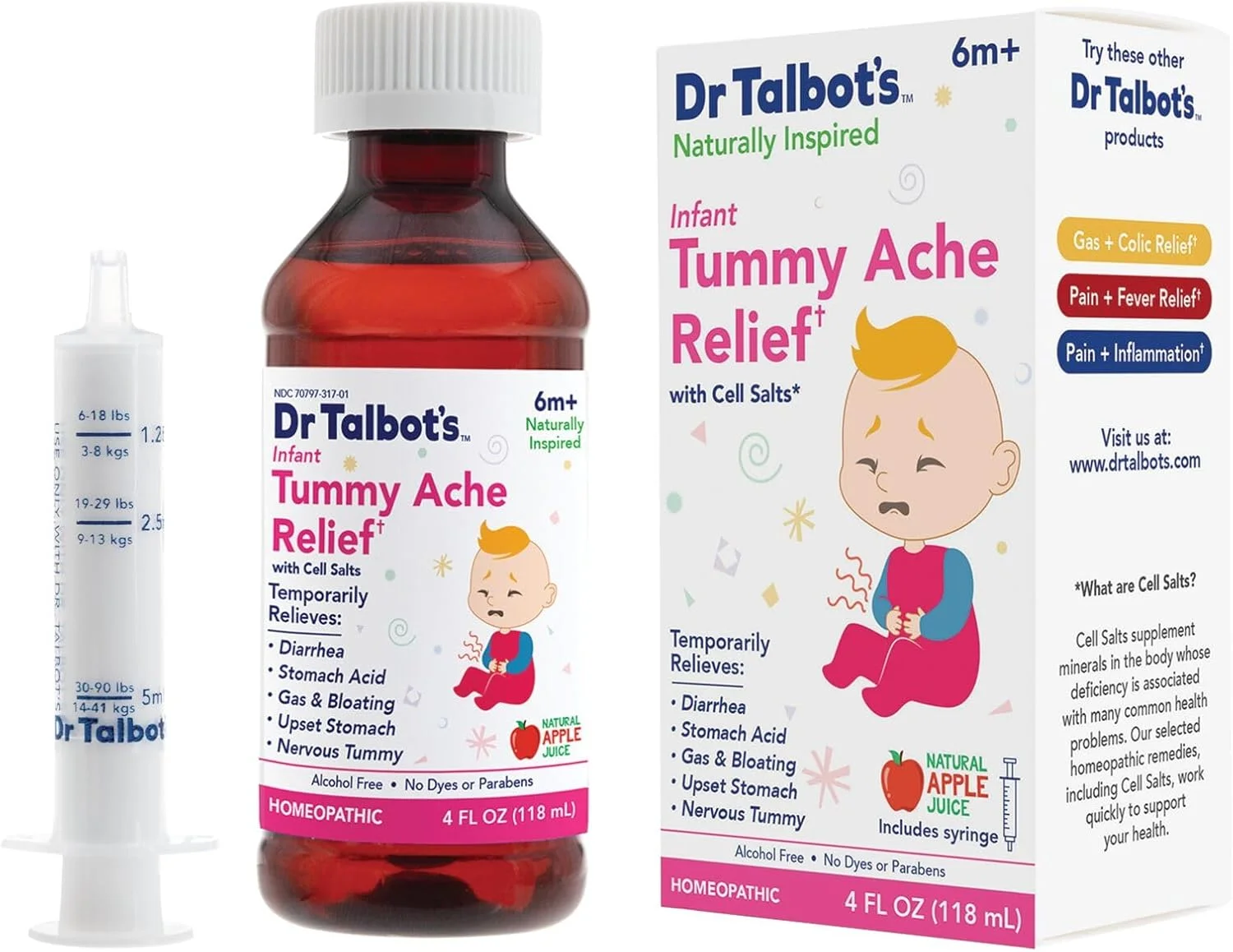 تسکین دهنده درد معده نوزاد دکتر تالبوت با نمک های سلولی - 118 میلی لیتر - تسکین دهنده طبیعی معده کودکان - طعم طبیعی سیب - شامل سرنگ