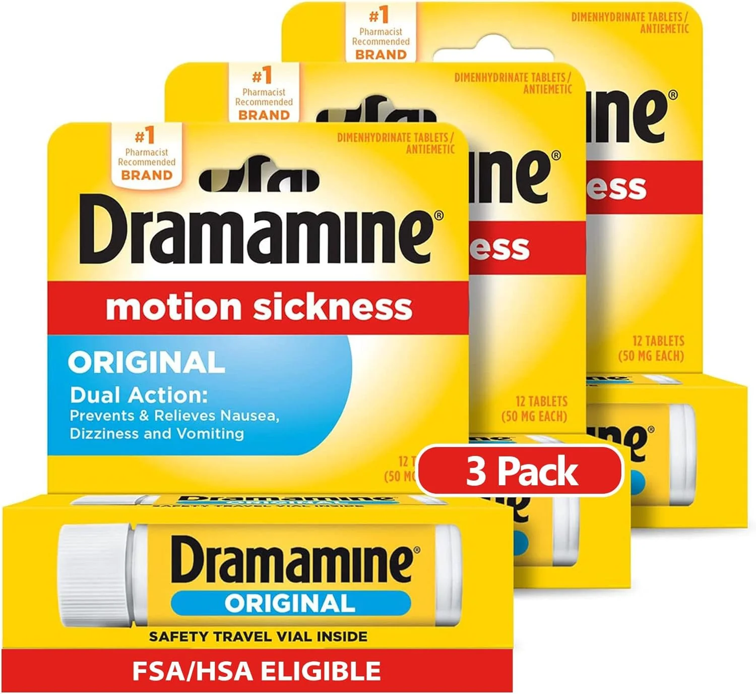قرص ضد تهوع و سرگیجه درامین، بسته مسافرتی، 12 عددی، بسته 3 تایی