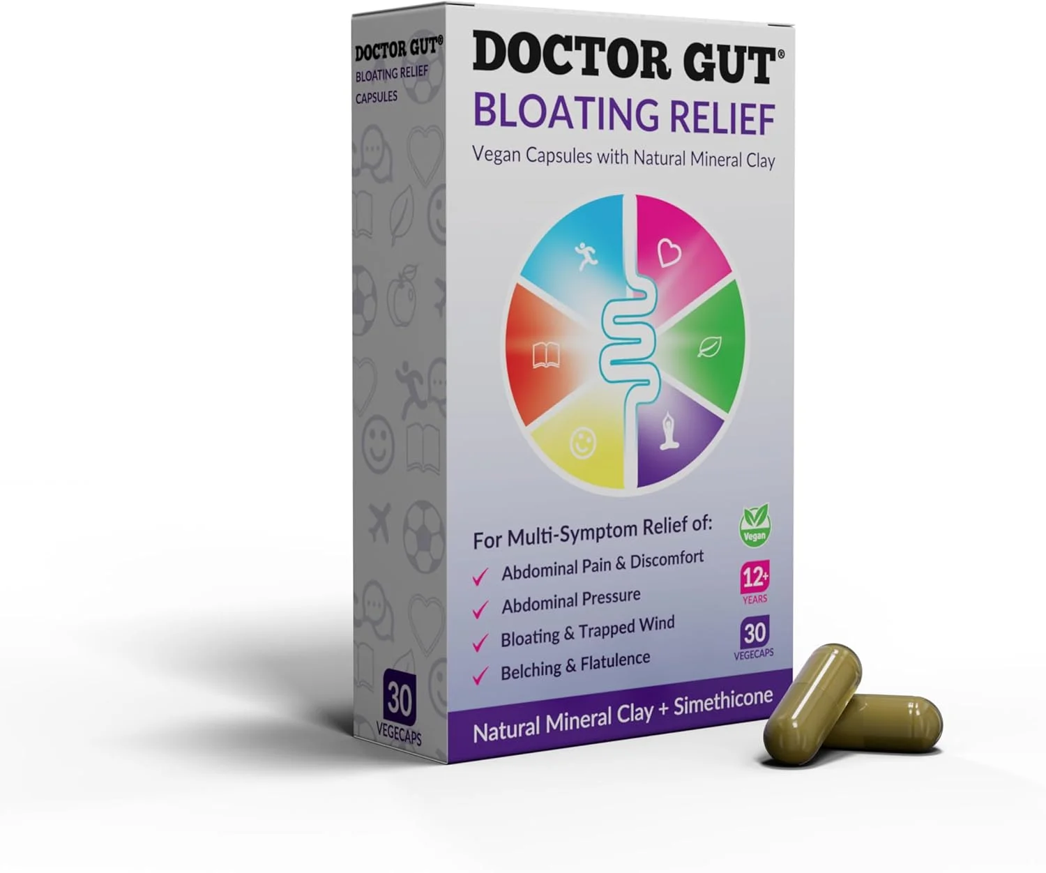 تسکین نفخ - تسکین سریع و موثر نفخ، درد، آروغ زدن، احساس پری و ناراحتی ناشی از بادگرفتگی | فرمول پیشرفته خاک رس طبیعی | (30 کپسول)