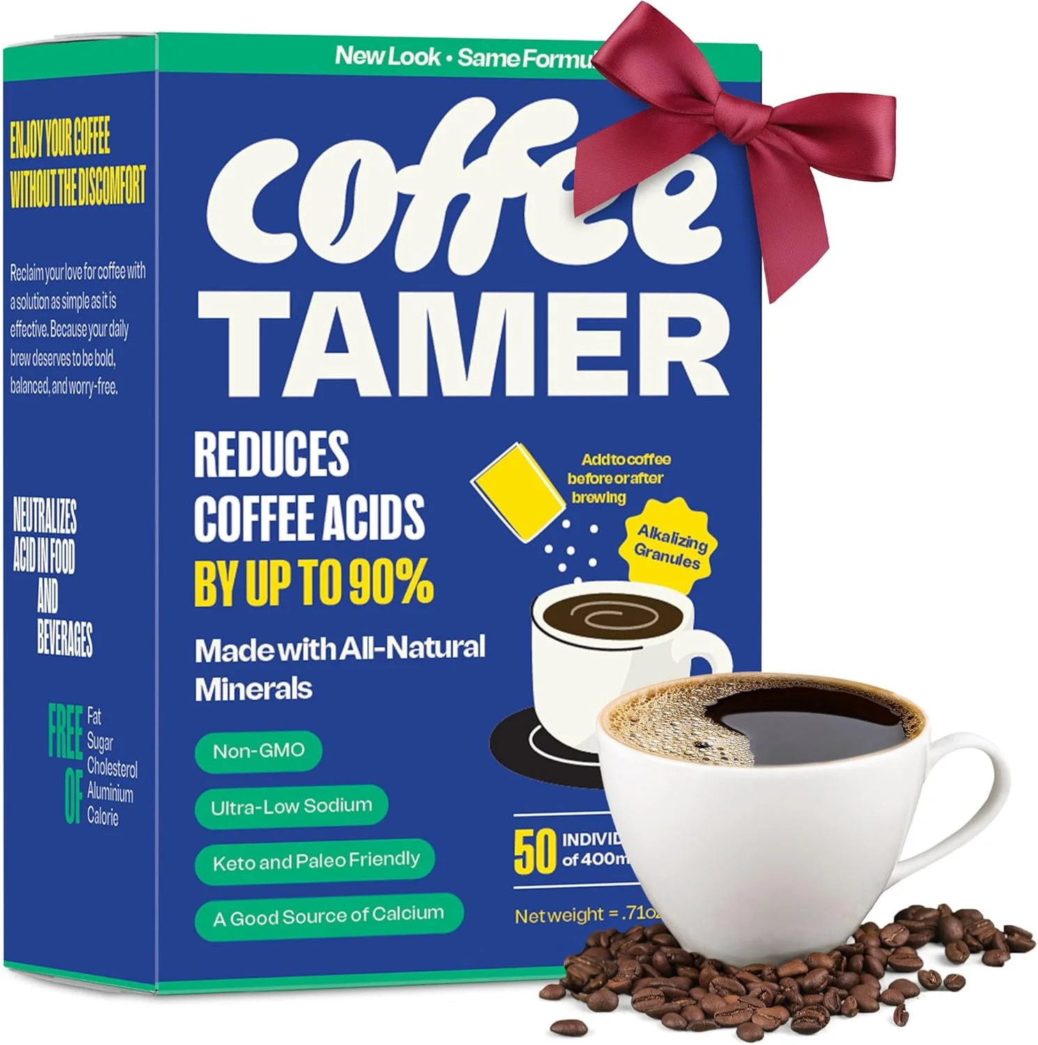 گرانول های کاهش دهنده اسید قهوه کافی تامر، بسته 50 عددی - اسیدهای قهوه را تا 90٪ کاهش می دهد - مواد معدنی کاملا طبیعی - مناسب برای رژیم کتو، بدون شکر، بدون کالری، غیر GMO - 50 بسته 400 میلی گرمی