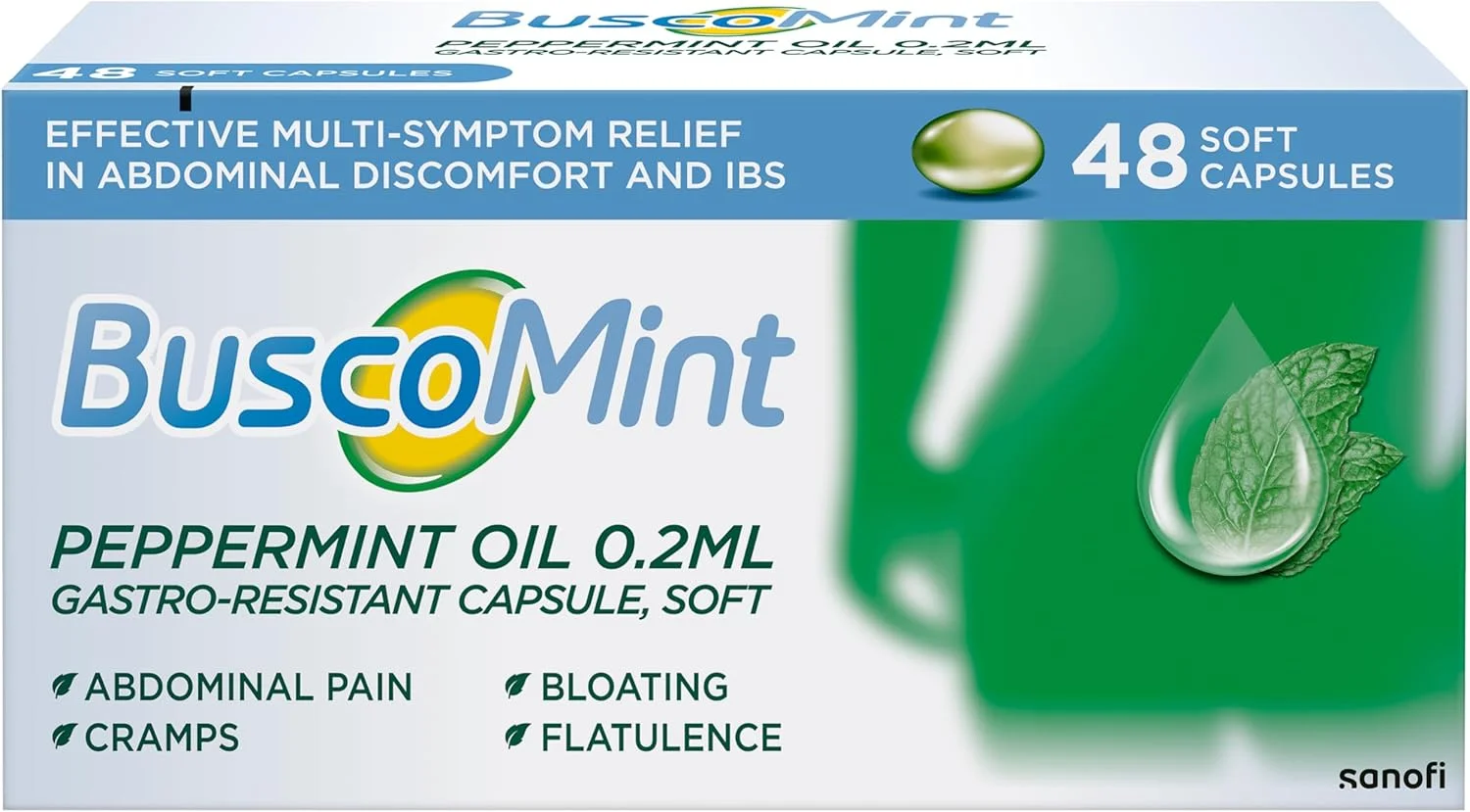 بوسکوپَن بوسکومینت 0.2 میلی لیتر روغن نعناع فلفلی - درمان چند علامتی سندروم روده تحریک پذیر - بسته 48 عددی کپسول ژله ای نرم
