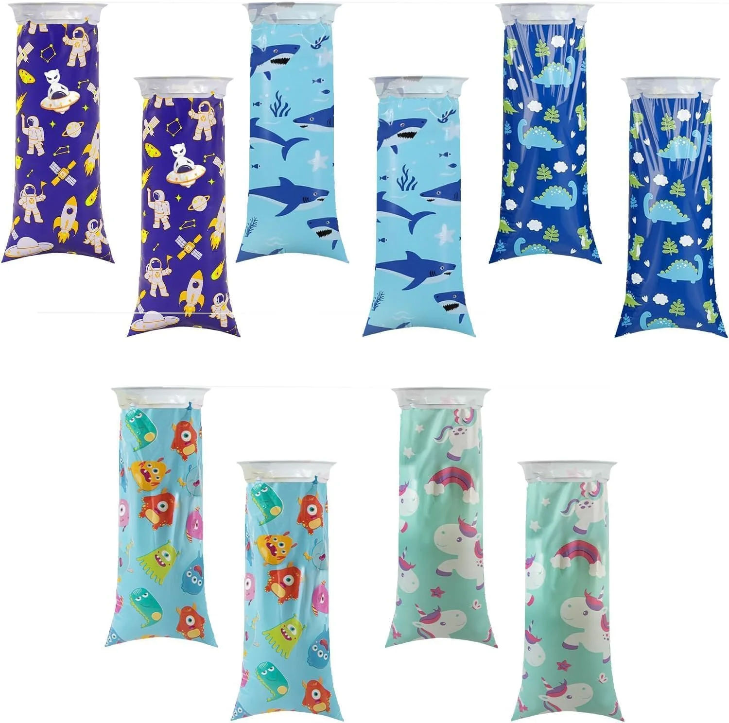 کیسه استفراغ برای خودرو، کودکان، بسته 10 عددی - 5 طرح مختلف کیسه استفراغ با حلقه ساخته شده از پلی اتیلن سازگار با محیط زیست، 1000 میلی لیتر - کیسه های یکبار مصرف قابل حمل برای حالت تهوع و استفراغ کودکان در خودرو