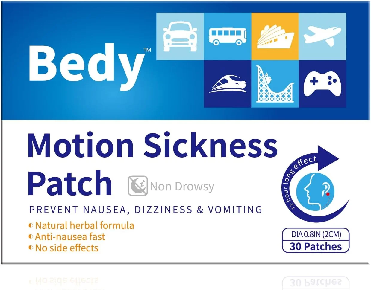 برچسب ضد تهوع و بیماری حرکتی بِدی، 30 عددی | برچسب ضد دریازدگی | تسکین دهنده حالت تهوع برای بزرگسالان و کودکان | بدون ایجاد خواب آلودگی | ماندگاری طولانی 72 ساعته | ملزومات سفر با ماشین/هواپیما/کشتی