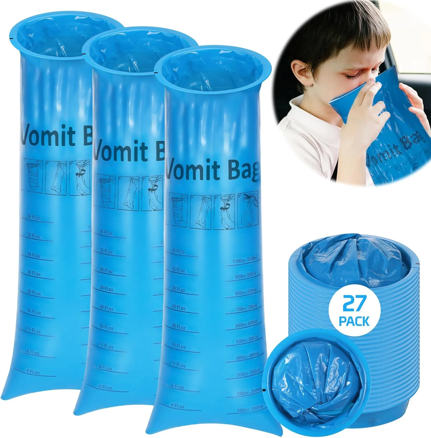 بسته 27 عددی کیسه حالت تهوع، کیسه استفراغ 1000 میلی لیتری آبی با تراکم بالا و بست، مناسب برای تهوع صبحگاهی، کودکان، بانوان باردار، ماشین گرفتگی و غیره