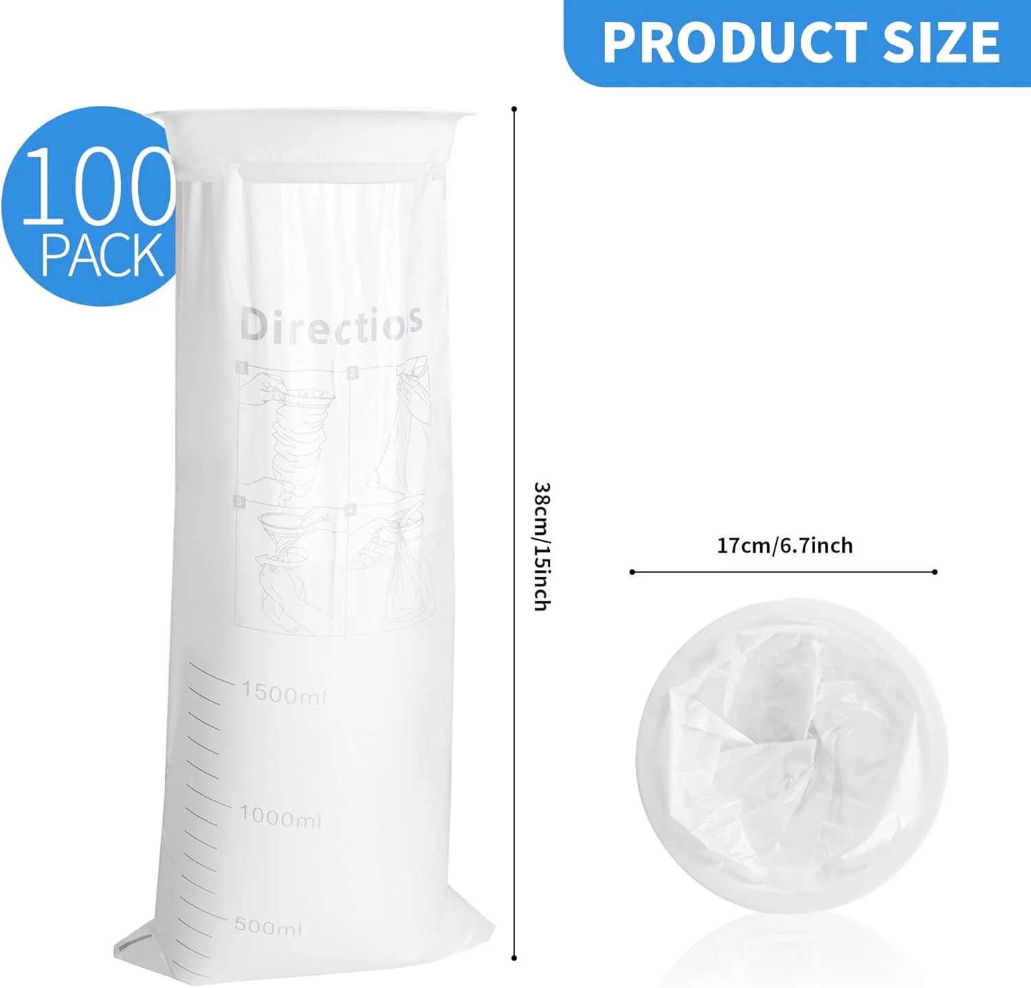 ۱۰۰ عدد کیسه تهوع سفید ۱۰۰۰ میلی لیتری با چگالی بالا برای مسافرت، کیسه استفراغ با بست، کیسه تهوع برای مسافرت با ماشین، تهوع صبحگاهی، دریازدگی