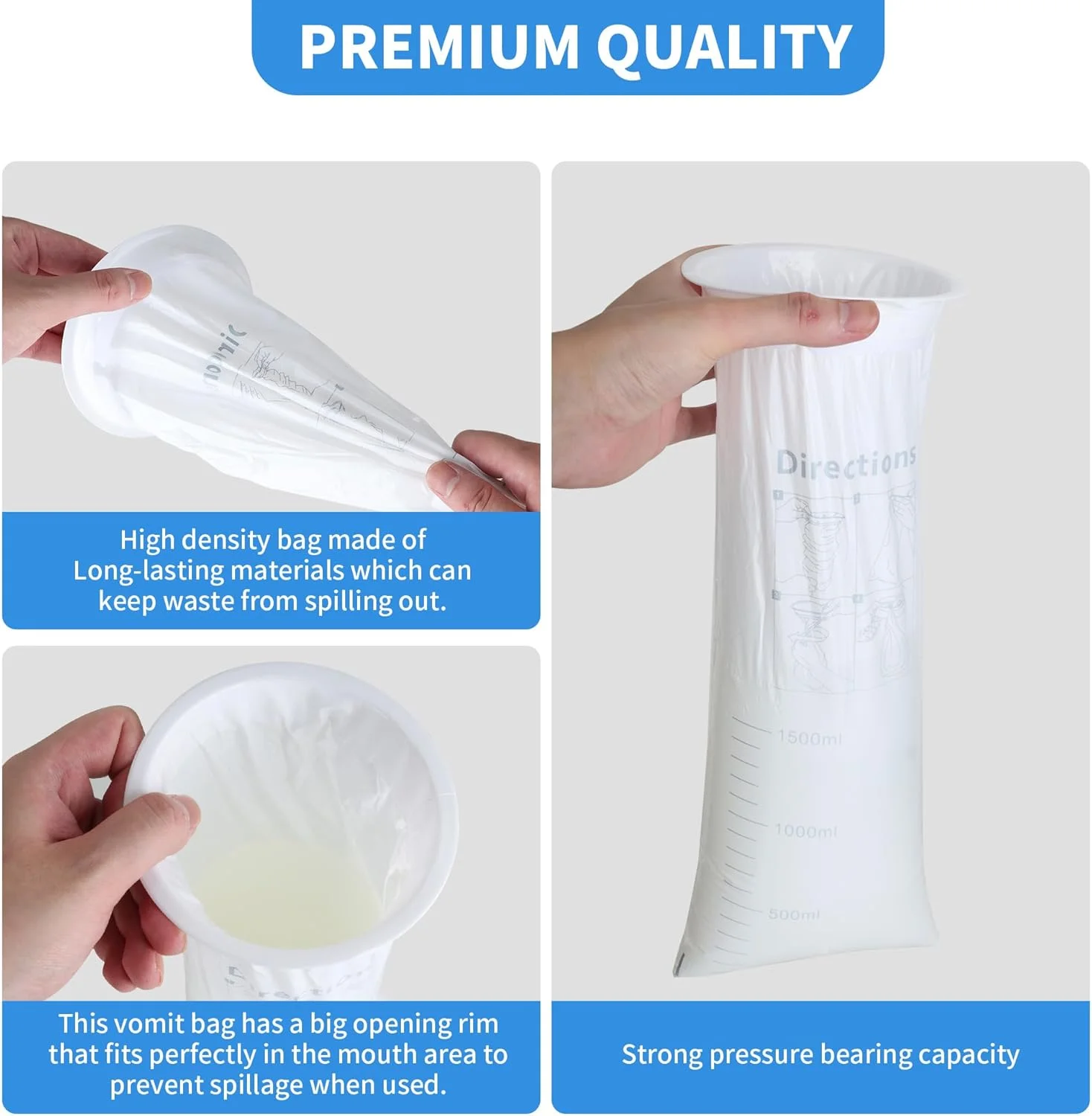 ۱۰۰ عدد کیسه تهوع سفید ۱۰۰۰ میلی لیتری با چگالی بالا برای مسافرت، کیسه استفراغ با بست، کیسه تهوع برای مسافرت با ماشین، تهوع صبحگاهی، دریازدگی