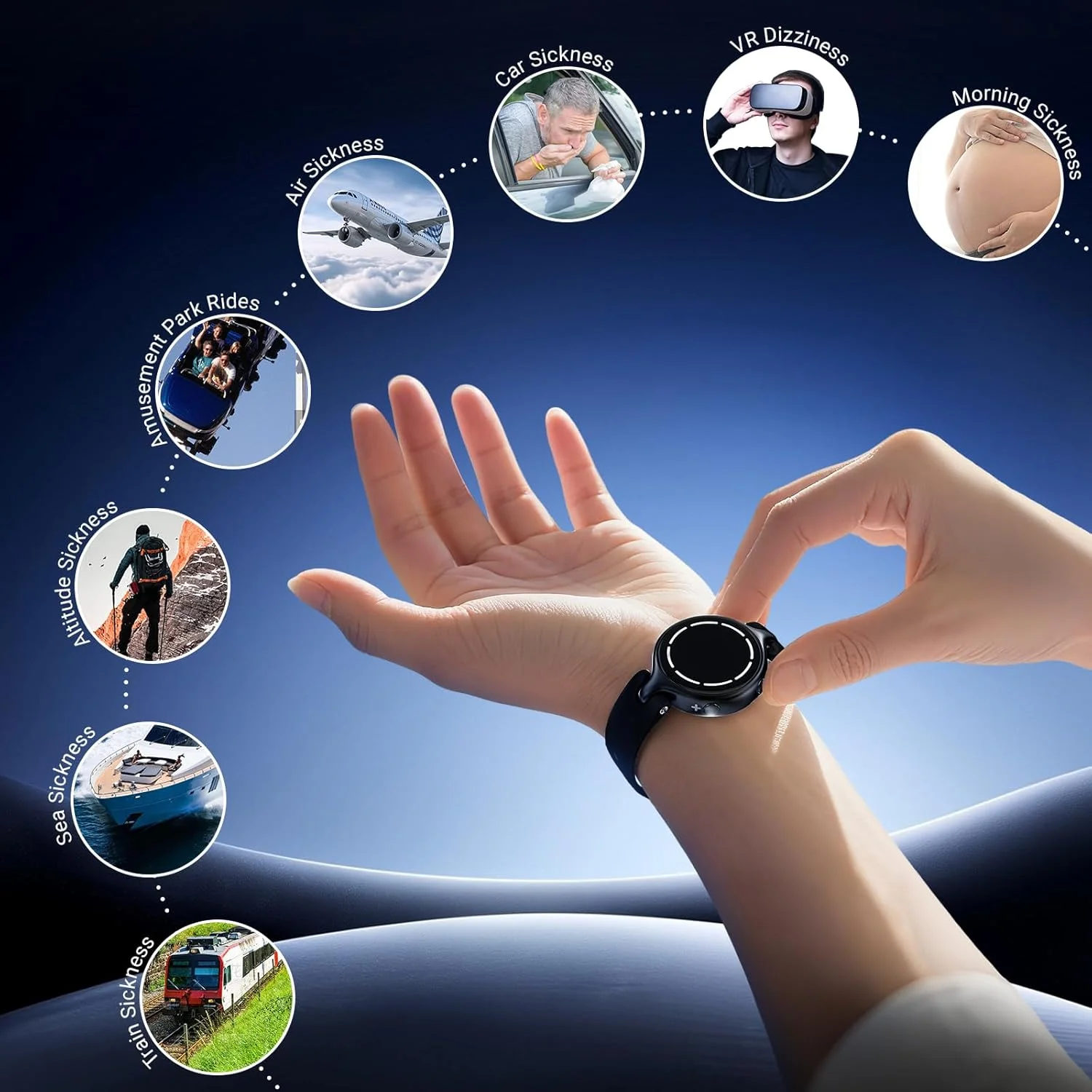 مچ‌بند ضد تهوع برای بیماری حرکتی و تهوع دوران بارداری - ۸ سطح قابل تنظیم، بدون دارو، ایده‌آل برای مسافرت