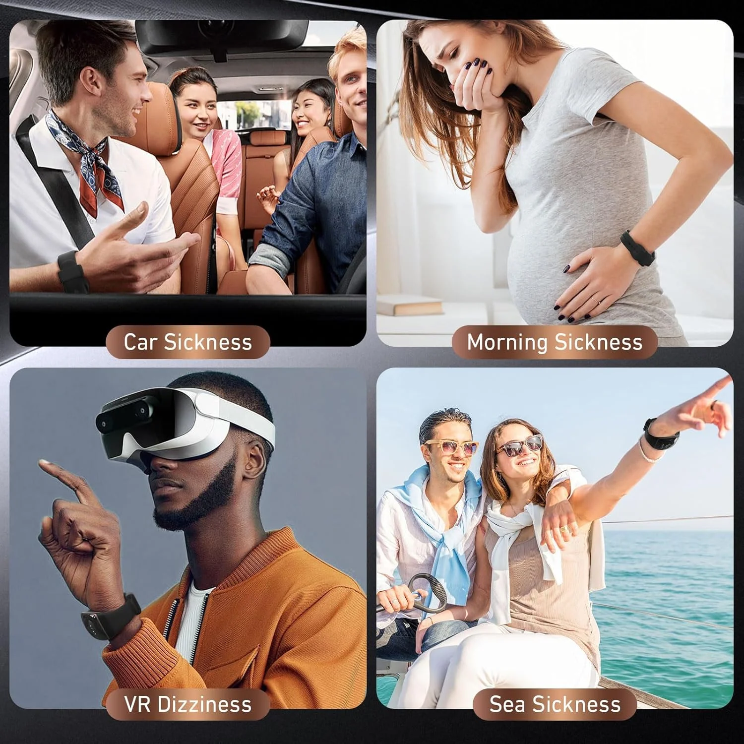 مچ بند ضد تهوع، مچ بند بیماری حرکتی، تسکین تهوع صبحگاهی، کمک به تسکین علائم بیماری حرکتی، دریازدگی، هواپیمازدگی و تهوع