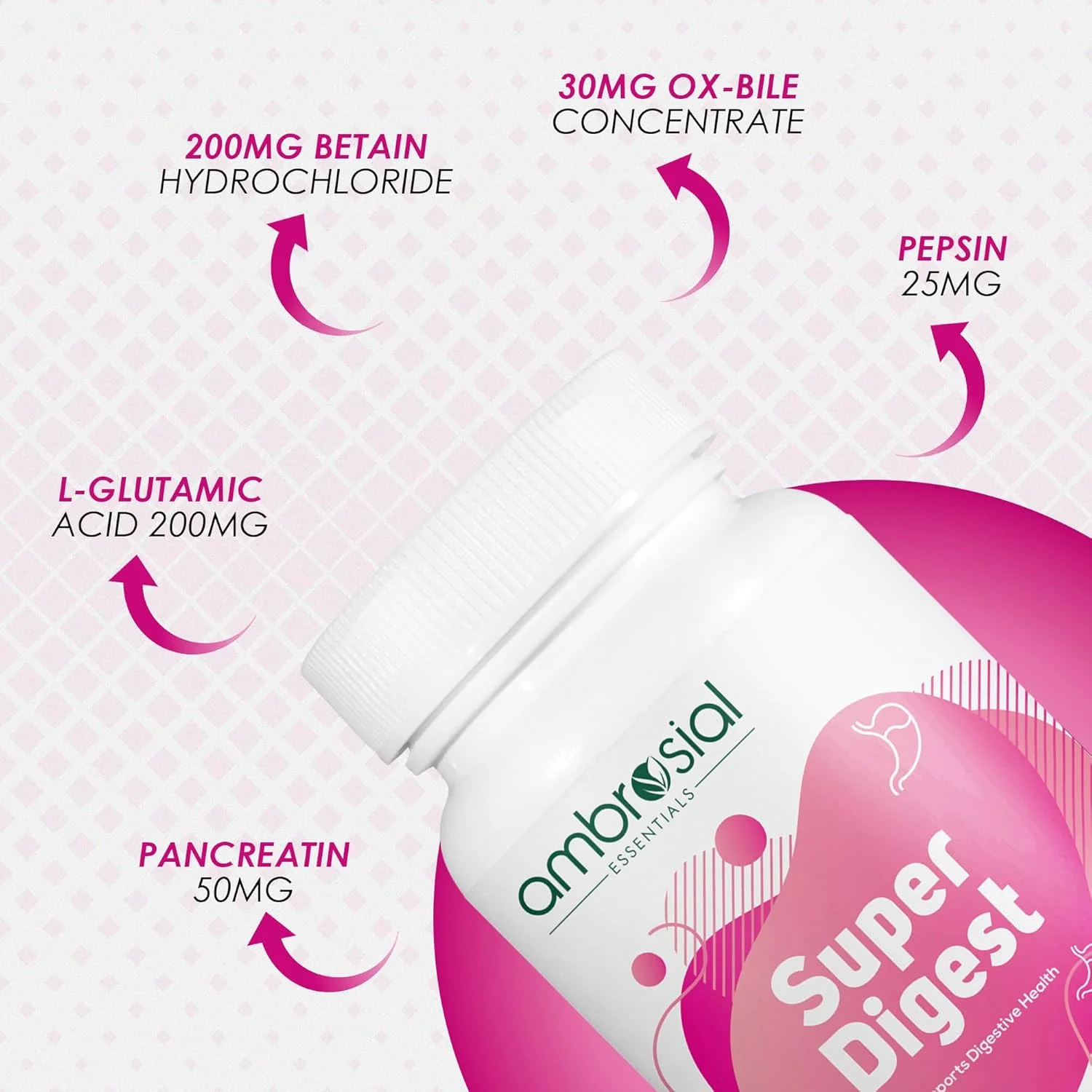 سوپر دایجست آ ambrosial با بتاین هیدروکلراید پپسین، صفراوی گاو، ال-گلوتامیک اسید | مکمل های آنزیم گوارشی برای رفع نفخ، پاکسازی روده بزرگ | مکمل های سلامت روده (بسته 1 عددی - 60 کپسول)