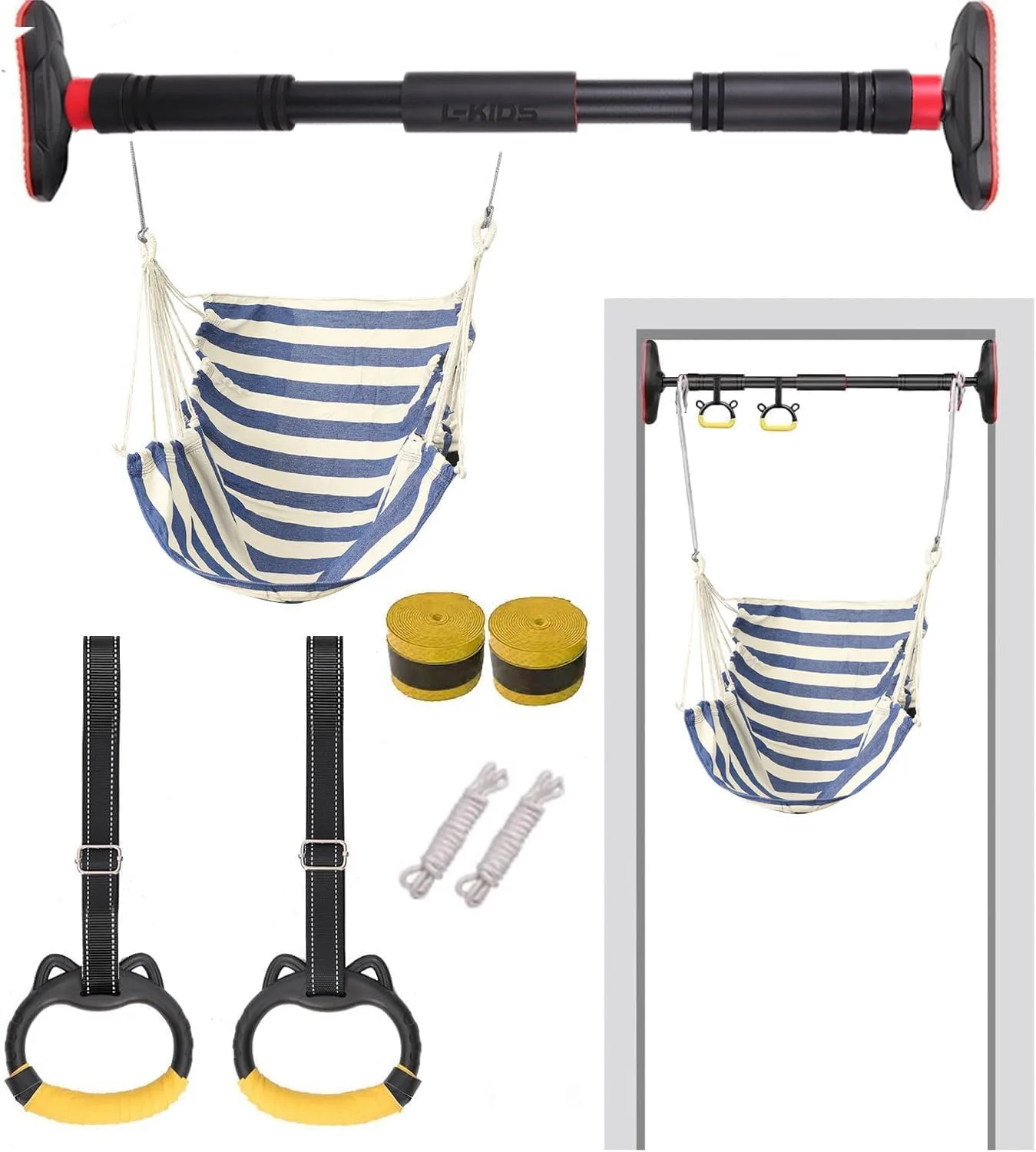 مجموعه تاب و وسایل ورزشی کودک خانگی، میله بارفیکس نصب روی درب + بالشتک، حلقه ها، تاب طنابی کلاسیک، دو حلقه ورزشی برای ورزش و تفریح در خانه (آبی)