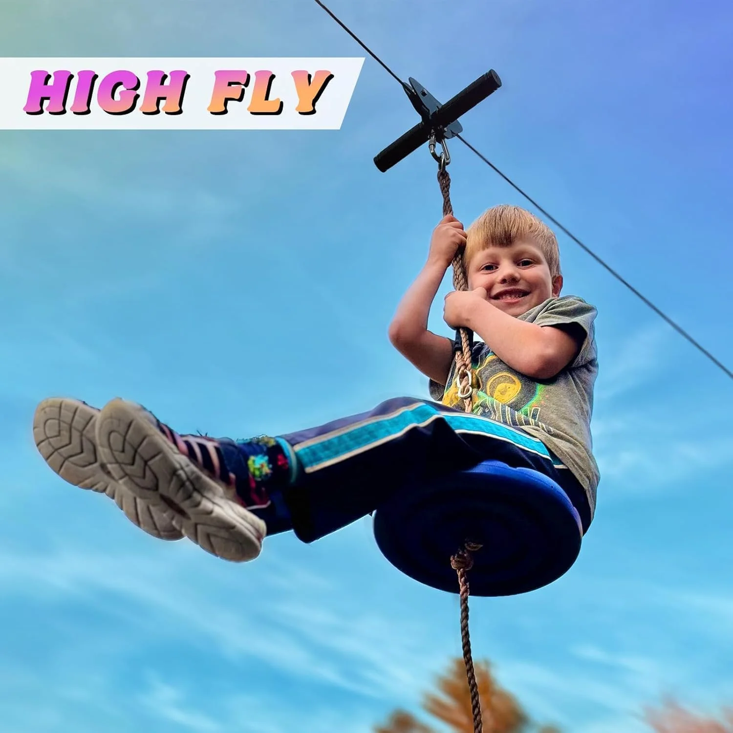 مجموعه تراموای باغ خانوادگی CTSC، تله کابین فضای باز کودکان، 32 متر، با ترمز فنری استیل، قرقره ترولی، کمربند ایمنی، لذت رنگارنگ (32 متر آبی)