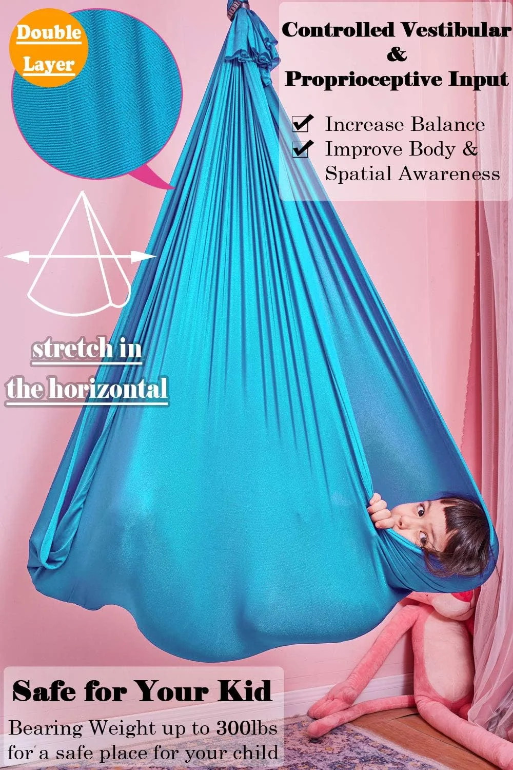 تاب حسی داخلی + سخت افزار آویز چرخان 360 درجه، تاب های ننو لایکرا دولایه برای بازی و آرامش کودکان، تاب درمانی آویزان برای کودک مبتلا به اوتیسم با نیازهای ویژه