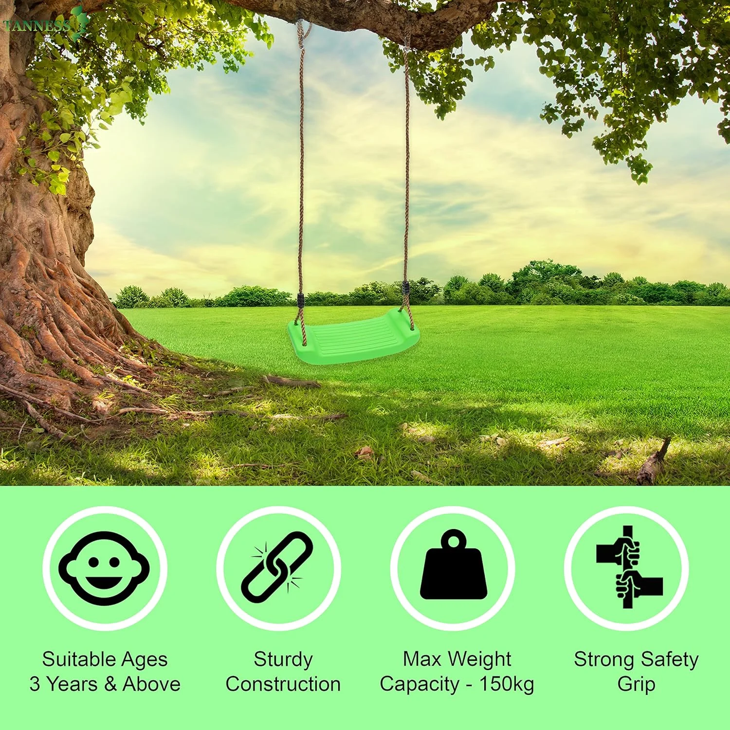 تاب بازی کودک با طناب های قابل تنظیم | نشیمنگاه تاب جایگزین قالب گیری شده ضد لغزش و با دستگیره ایمنی | لوازم جانبی باغ مقاوم در برابر آب و هوا - سبز روشن