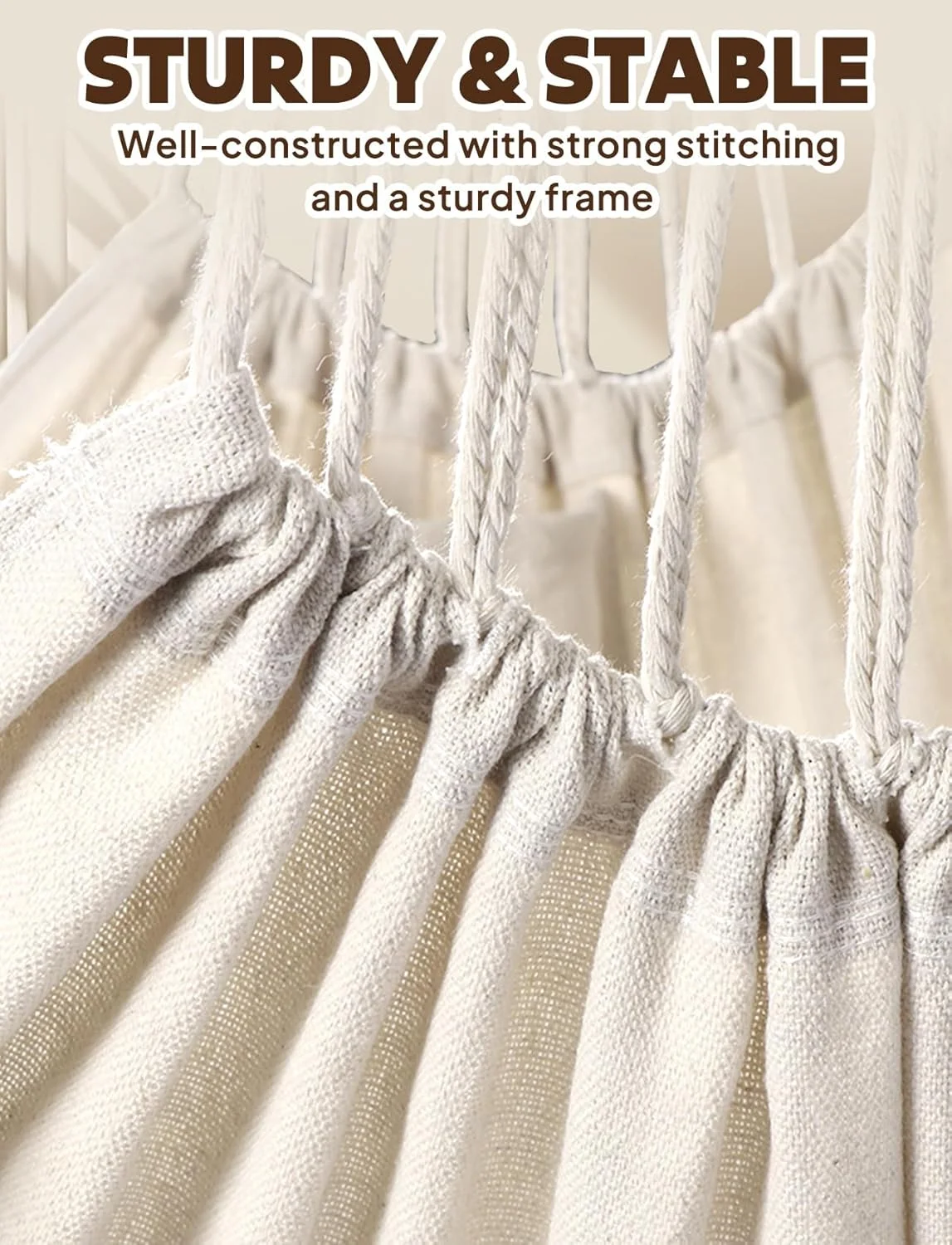 صندلی آویز تاب‌دار چیهه به همراه 2 کوسن نشیمن، بندهای بافته شده قوی و قلاب برای آویزان کردن آسان، بافت پنبه‌ای نرم، دارای جیب کناری، مناسب فضای داخلی و خارجی