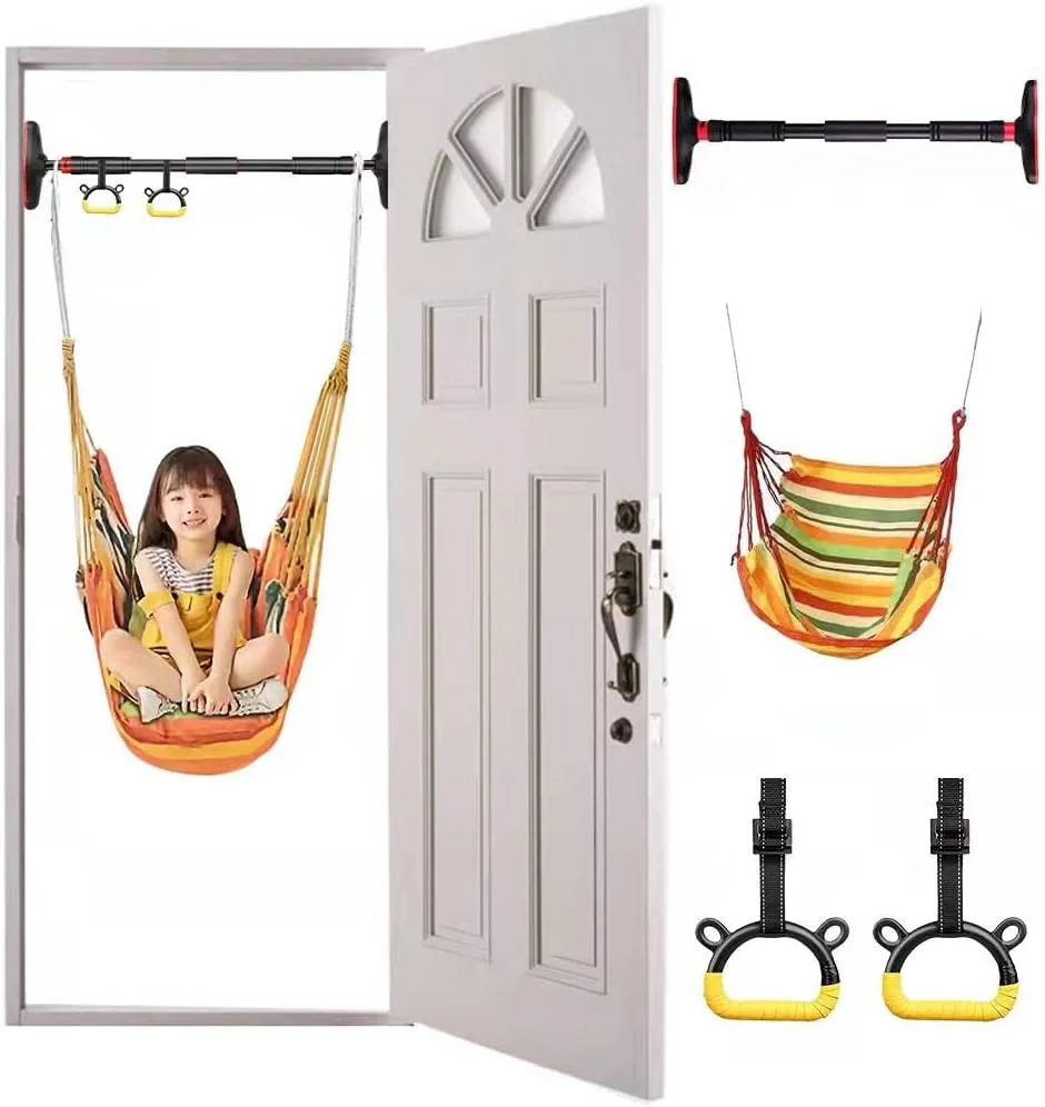 مجموعه ورزشی درب منزل AUTOYSUR برای کودکان - شامل صندلی تاب، ذوزنقه آویزان، طناب تاب و میله بارفیکس - لوازم جانبی زمین بازی حسی (زرد، 100-150 سانتی متر)