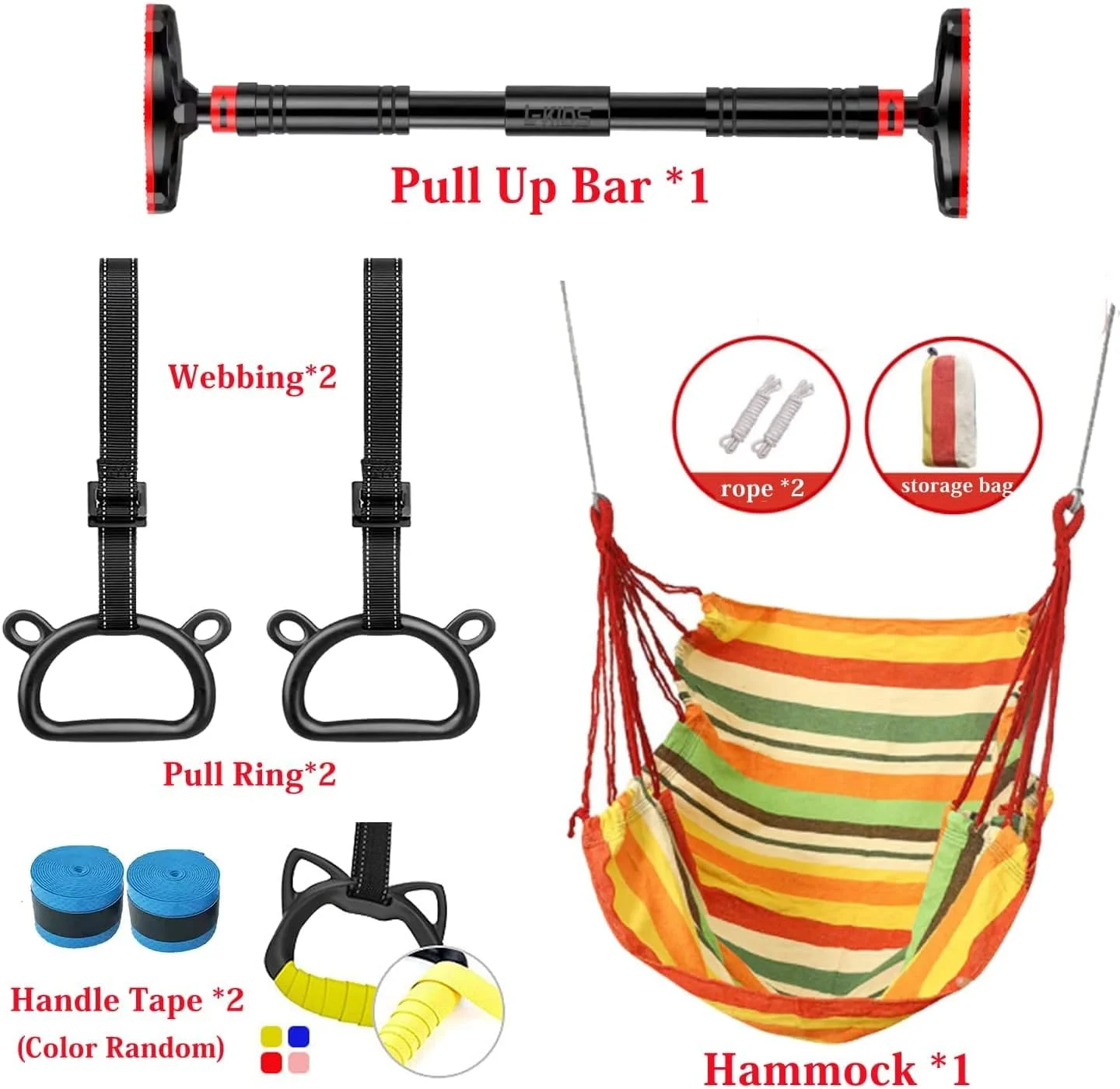 مجموعه ورزشی درب منزل AUTOYSUR برای کودکان - شامل صندلی تاب، ذوزنقه آویزان، طناب تاب و میله بارفیکس - لوازم جانبی زمین بازی حسی (زرد، 100-150 سانتی متر)