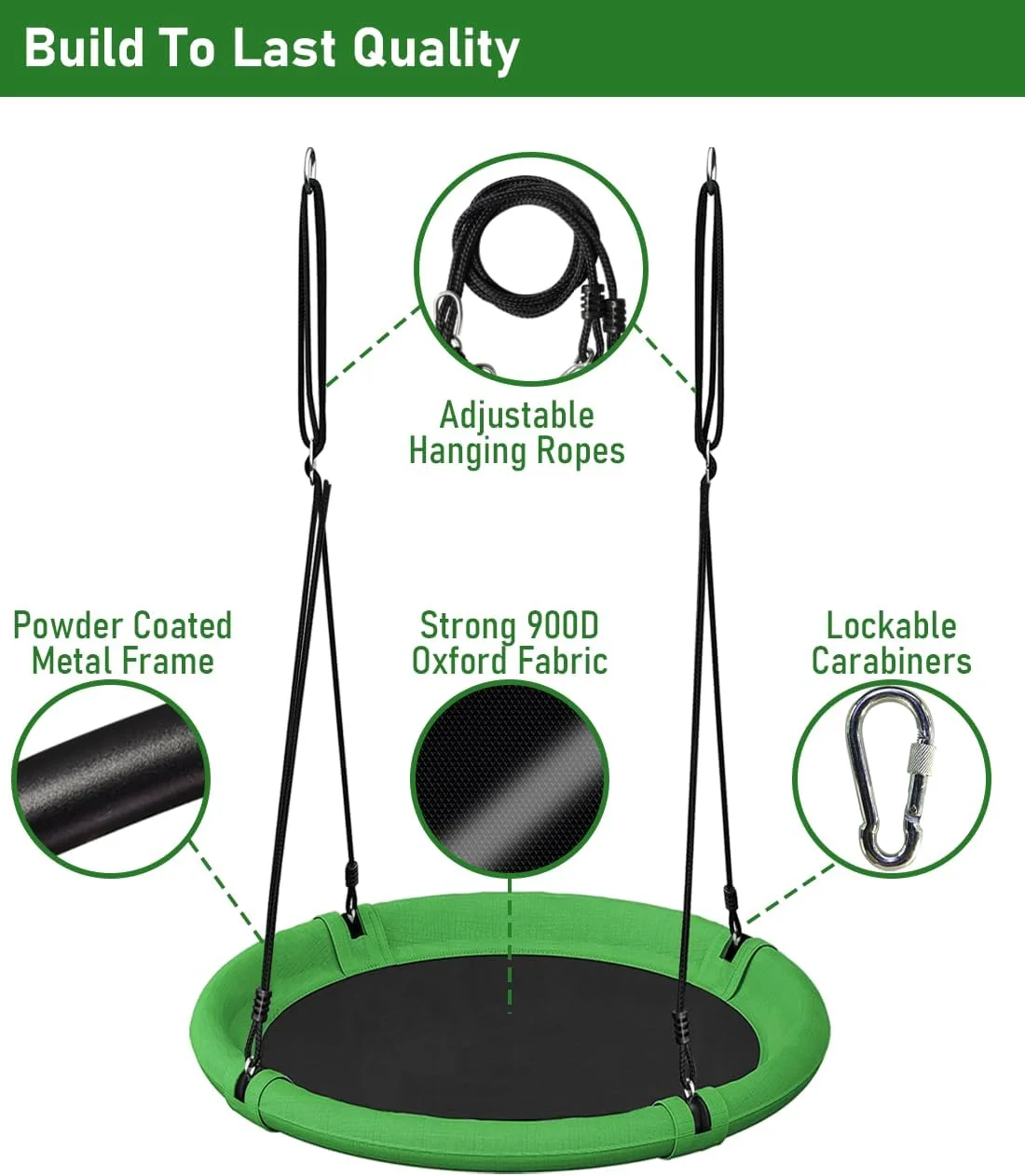 تاب بازی درختی بشقابی 24 اینچی برای کودکان و بزرگسالان، صندلی تاب قابل تنظیم برای حیاط خلوت یا زمین بازی در فضای باز، سبز و مشکی
