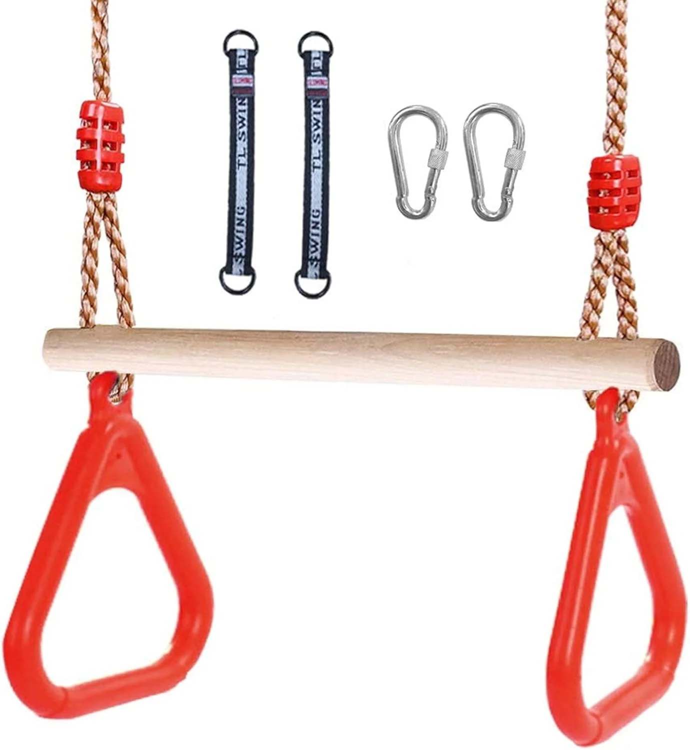 میله بارفیکس ذوزنقه ای برای کودکان به همراه حلقه ها و کارابین های قفل شونده، مناسب برای مجموعه بازی های داخل سالن و زمین بازی فضای باز، خط نینجا و حیاط خلوت (قرمز)