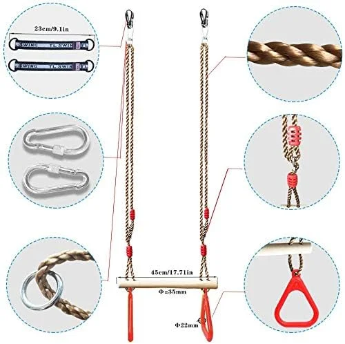 میله بارفیکس ذوزنقه ای برای کودکان به همراه حلقه ها و کارابین های قفل شونده، مناسب برای مجموعه بازی های داخل سالن و زمین بازی فضای باز، خط نینجا و حیاط خلوت (قرمز)