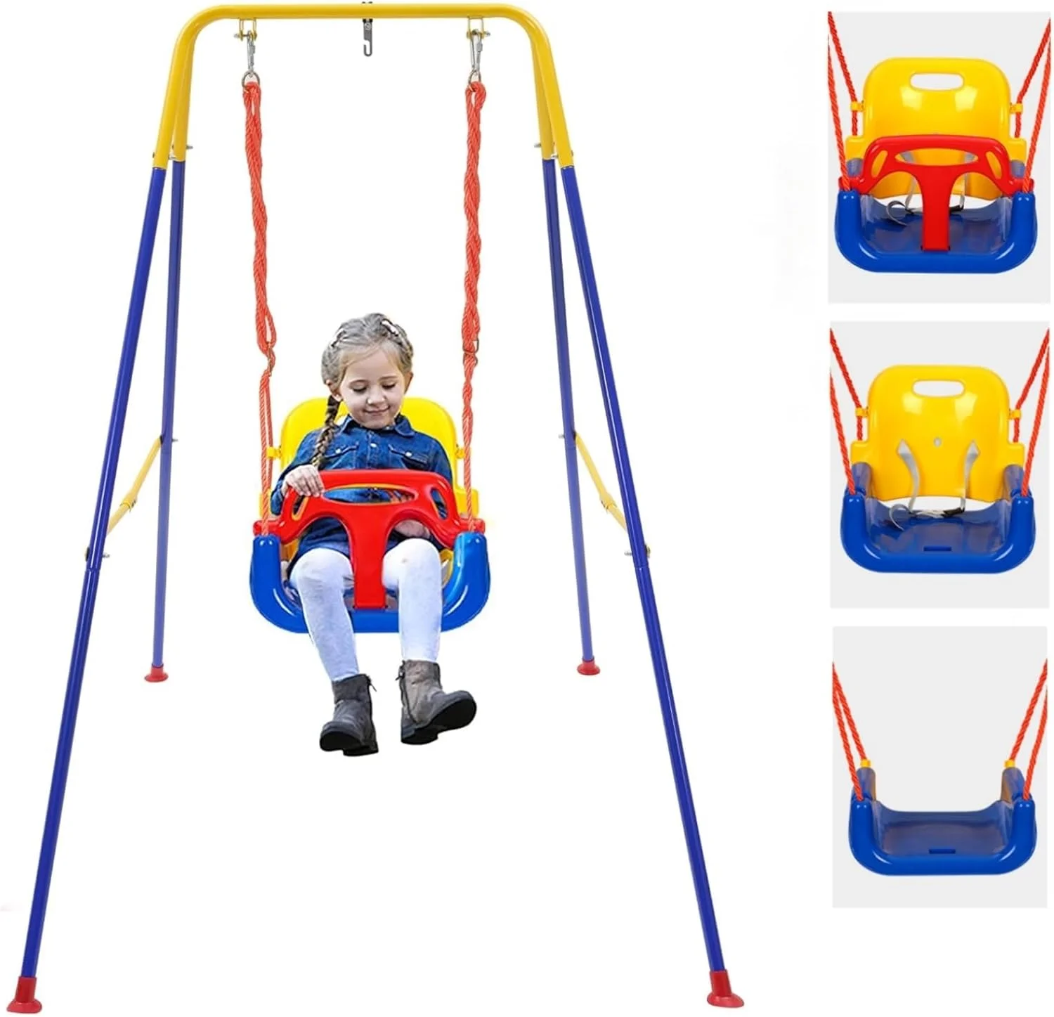 تاب بازی ۳ در ۱ کودک AM ANNA به همراه پایه، تاب بازی کودک مناسب فضای داخلی/خارجی با پایه فلزی تاشو، تاب بازی کودکان برای حیاط خلوت، دستورالعمل های واضح، مونتاژ و نگهداری آسان