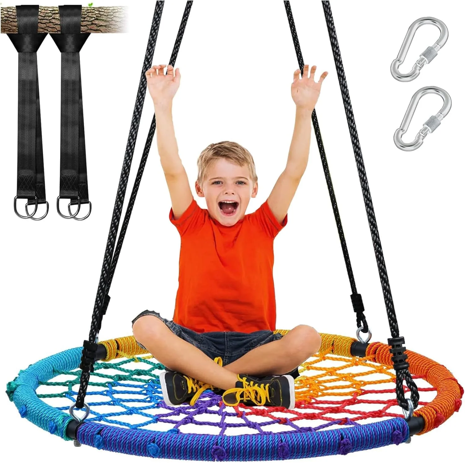 تاب بازی عنکبوتی بزرگ 40 اینچی AM ANNA، تاب بازی بشقابی عنکبوتی با قاب فولادی با تحمل وزن 250 کیلوگرم، ضد آب، طناب قابل تنظیم و 2 کارابین برای تفریح بی وقفه کودکان